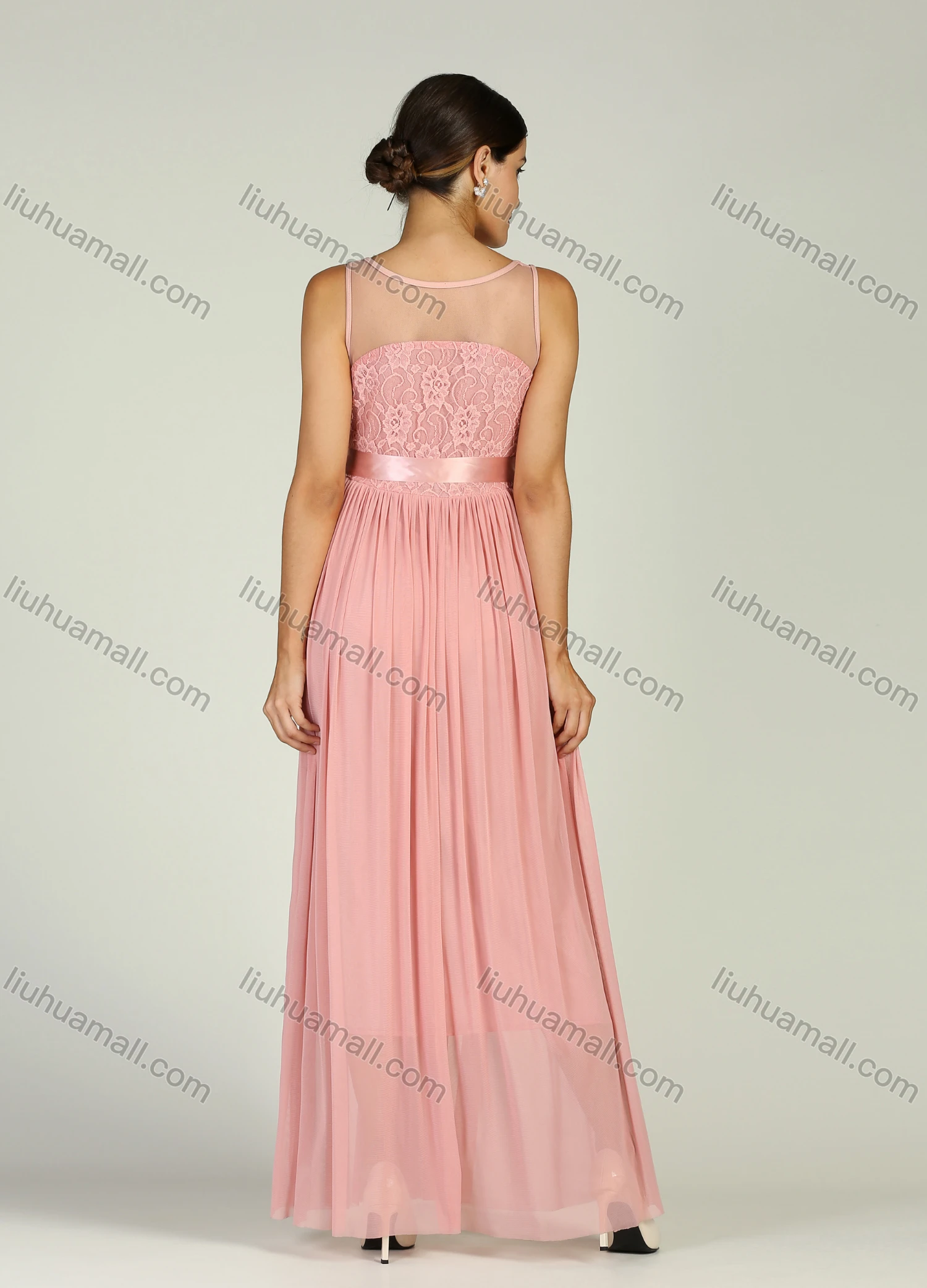 Wholesale Women's Elegant Lace Semi-sheer Sleeveless 3D Appliques Maxi Cocktail Dress With Belt - Liuhuamall