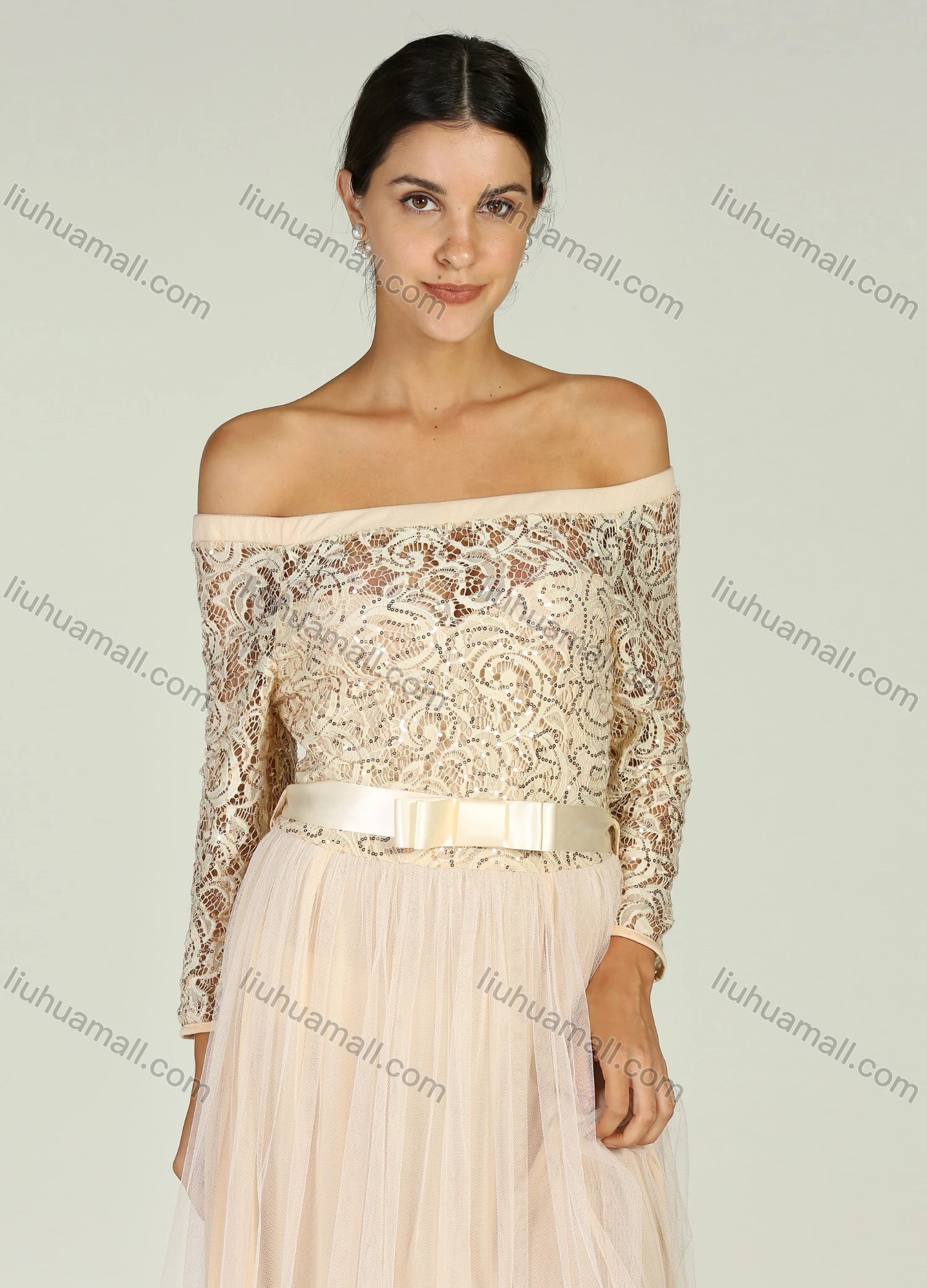 Wholesale Women's Elegant Off Shoulder Semi-sheer Sequin Maxi Cocktail Dress With Belt - Liuhuamall