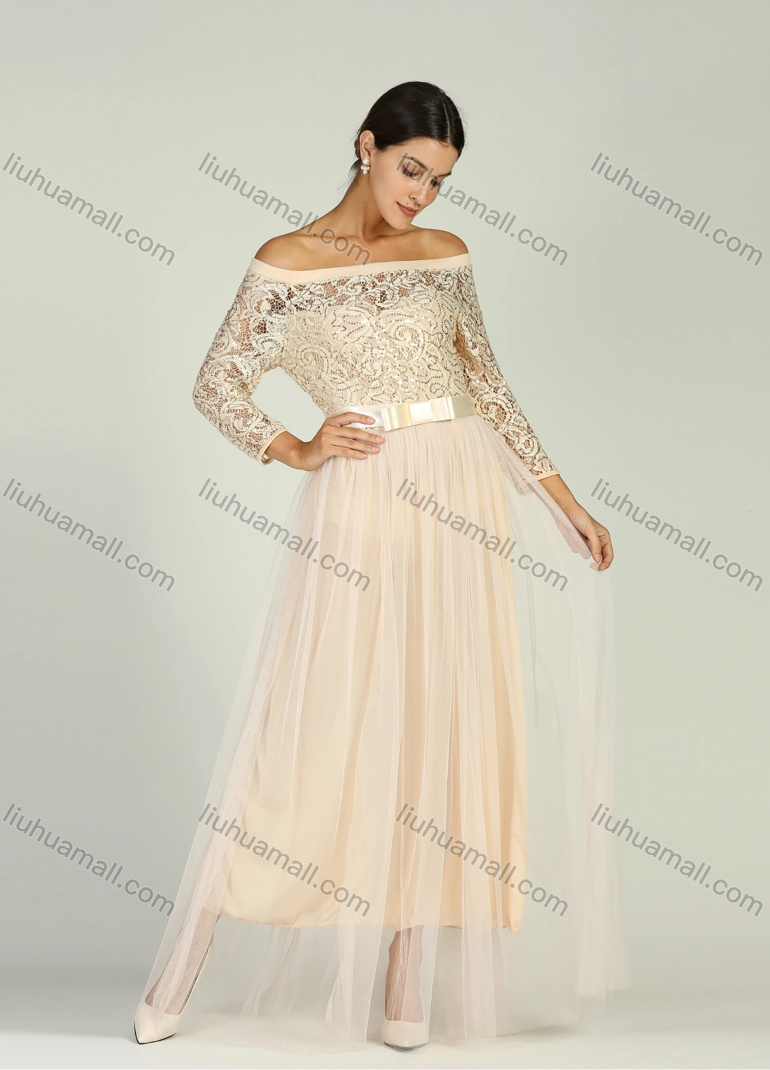 Wholesale Women's Elegant Off Shoulder Semi-sheer Sequin Maxi Cocktail Dress With Belt - Liuhuamall