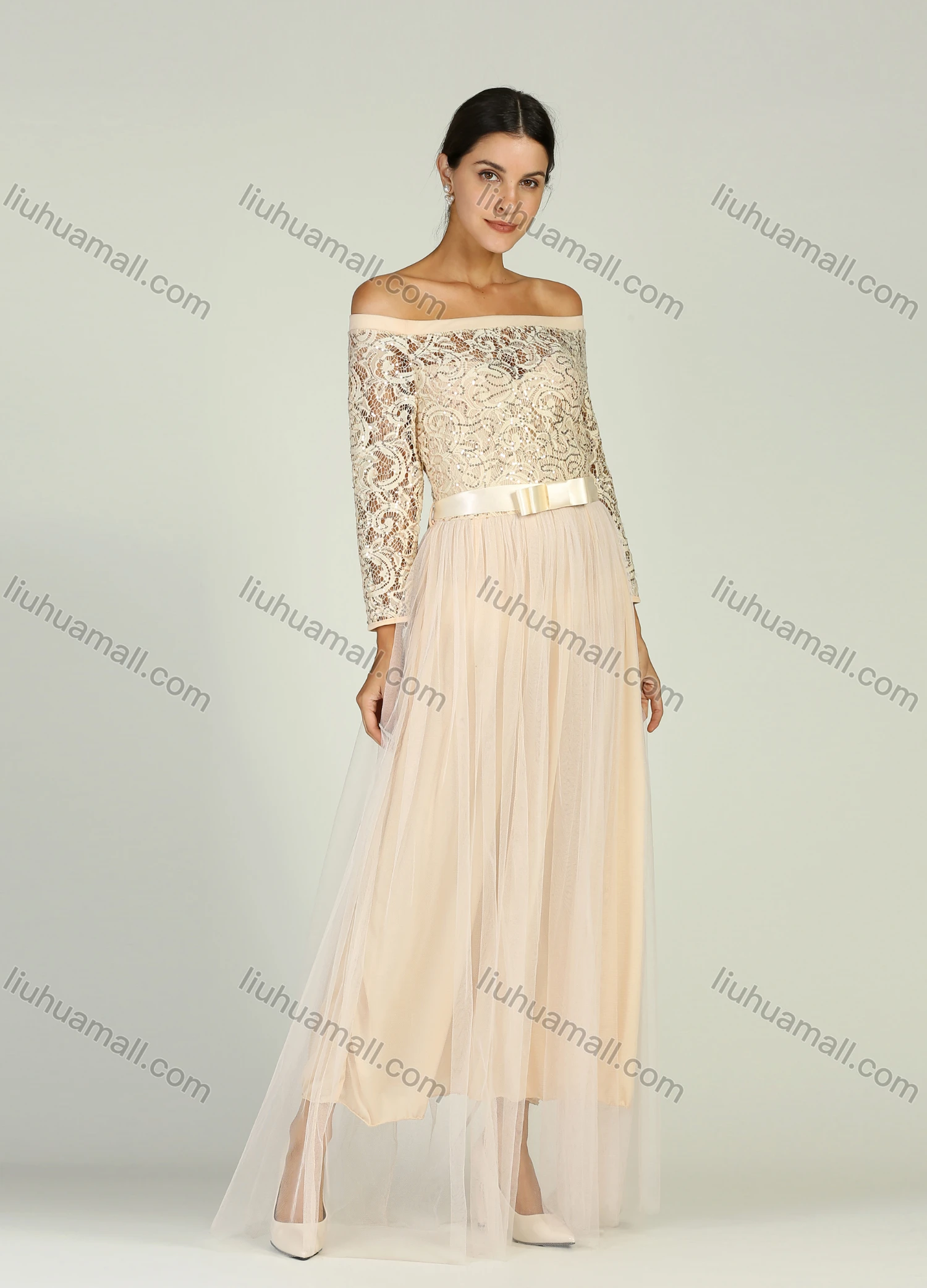 Wholesale Women's Elegant Off Shoulder Semi-sheer Sequin Maxi Cocktail Dress With Belt - Liuhuamall