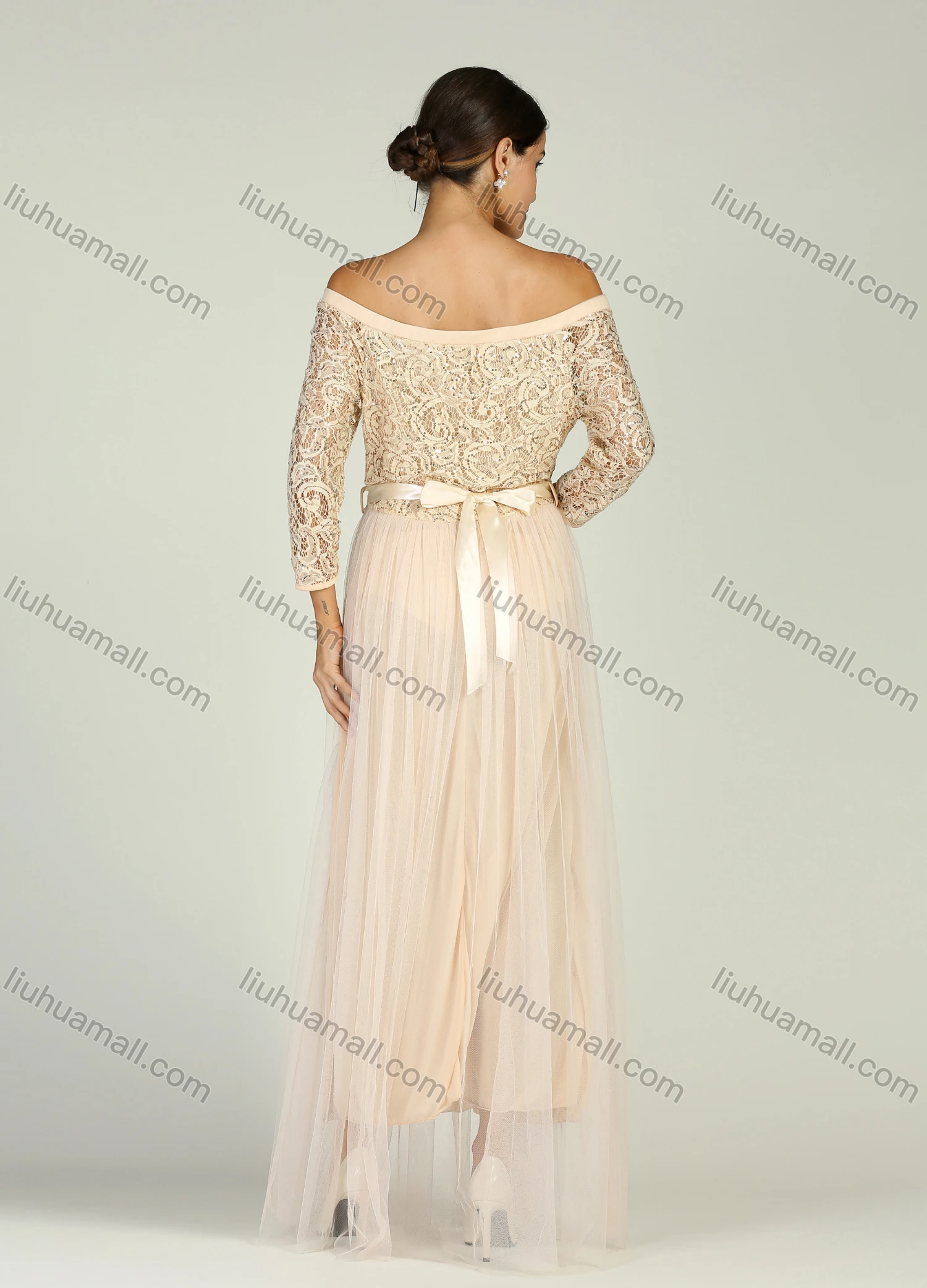 Wholesale Women's Elegant Off Shoulder Semi-sheer Sequin Maxi Cocktail Dress With Belt - Liuhuamall
