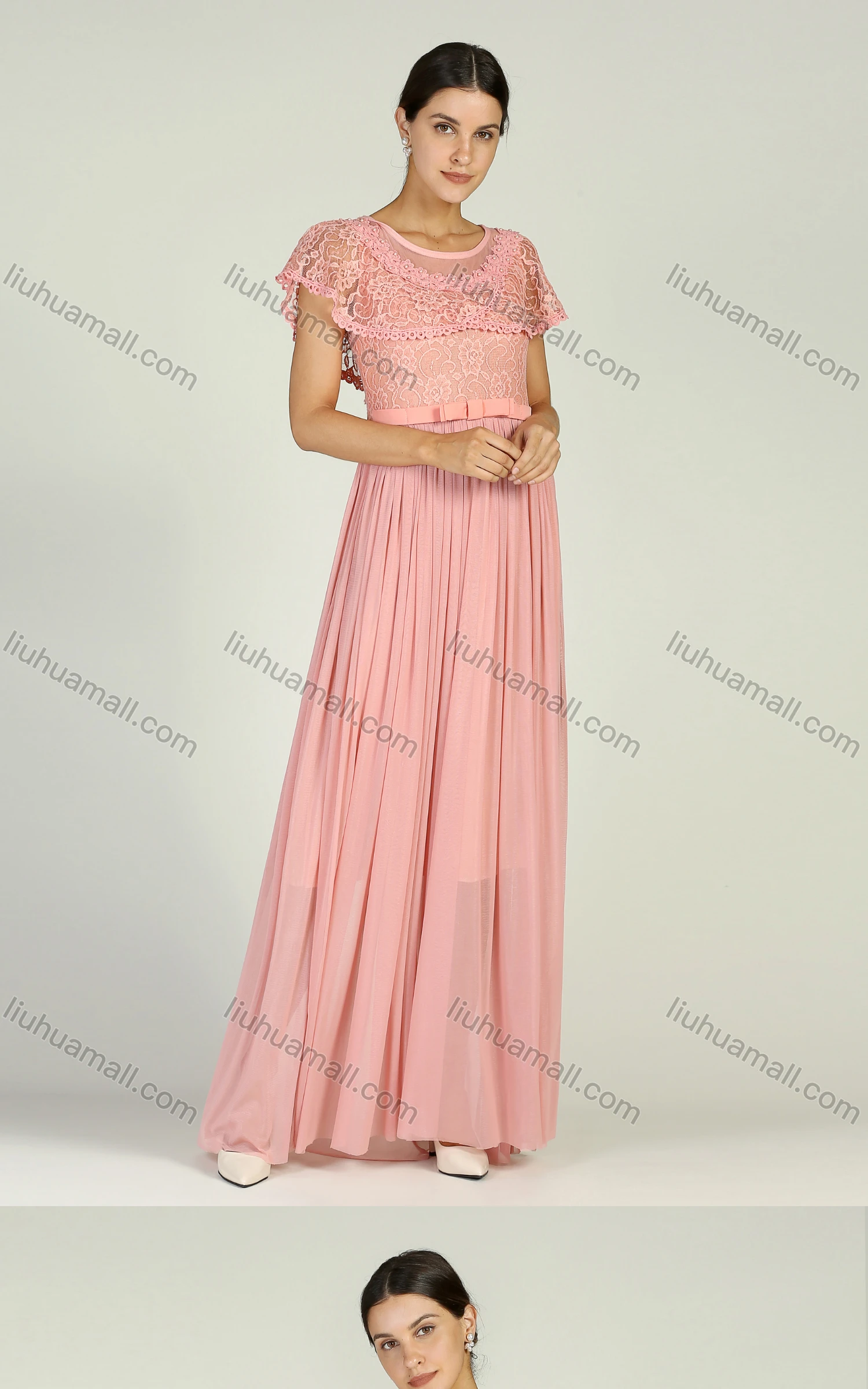Wholesale Women's Elegant Cap Sleeve Embroidery Lace Semi-sheer Pearl Decor Maxi Cocktail Dress With Belt - Liuhuamall
