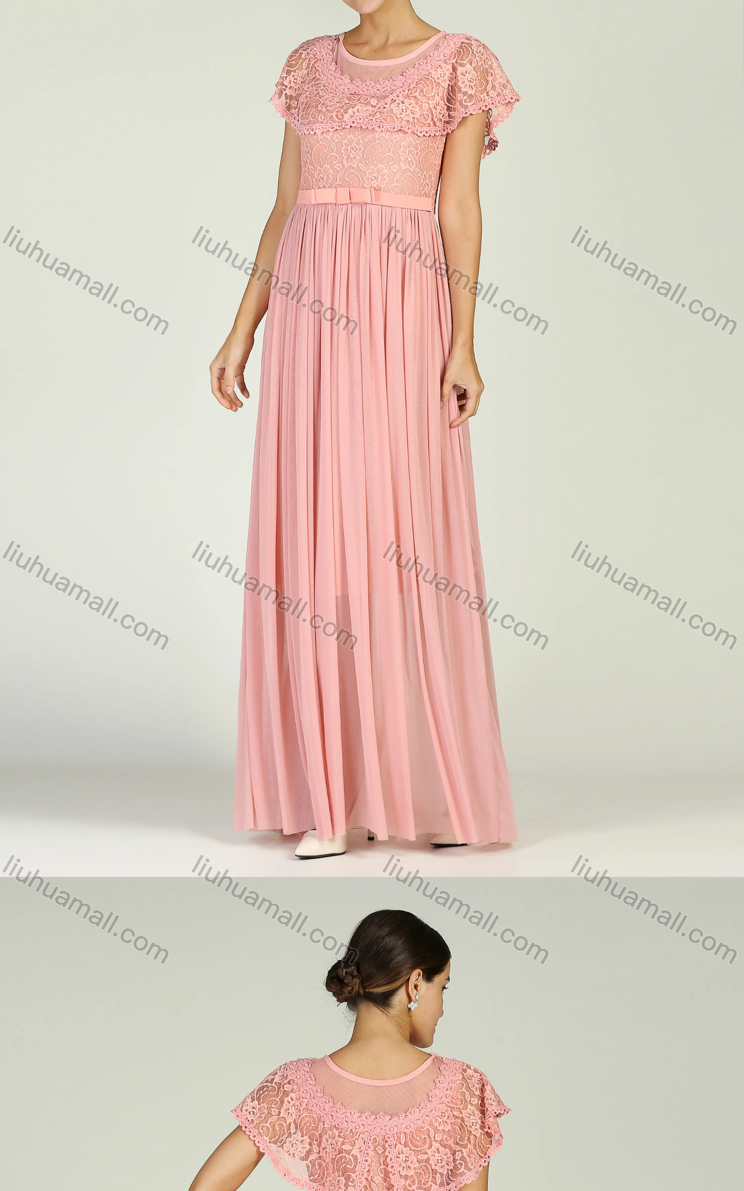 Wholesale Women's Elegant Cap Sleeve Embroidery Lace Semi-sheer Pearl Decor Maxi Cocktail Dress With Belt - Liuhuamall