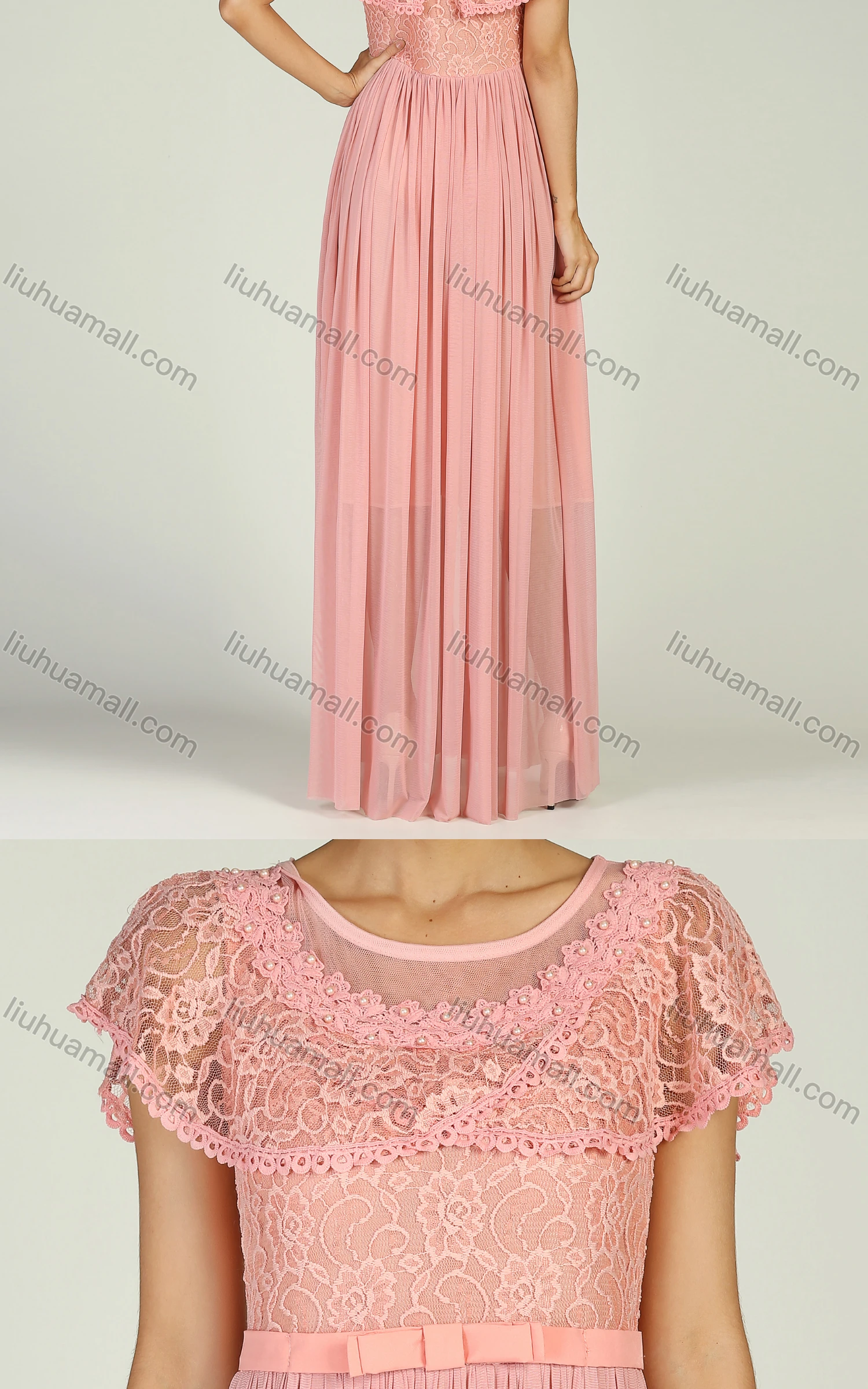 Wholesale Women's Elegant Cap Sleeve Embroidery Lace Semi-sheer Pearl Decor Maxi Cocktail Dress With Belt - Liuhuamall