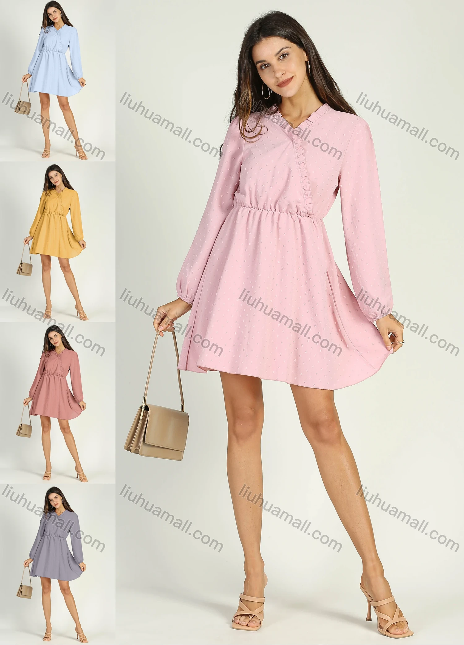 Wholesale Women's Casual V Neck Long Sleeve Ruffle Trims Wrap Short Dress - Liuhuamall