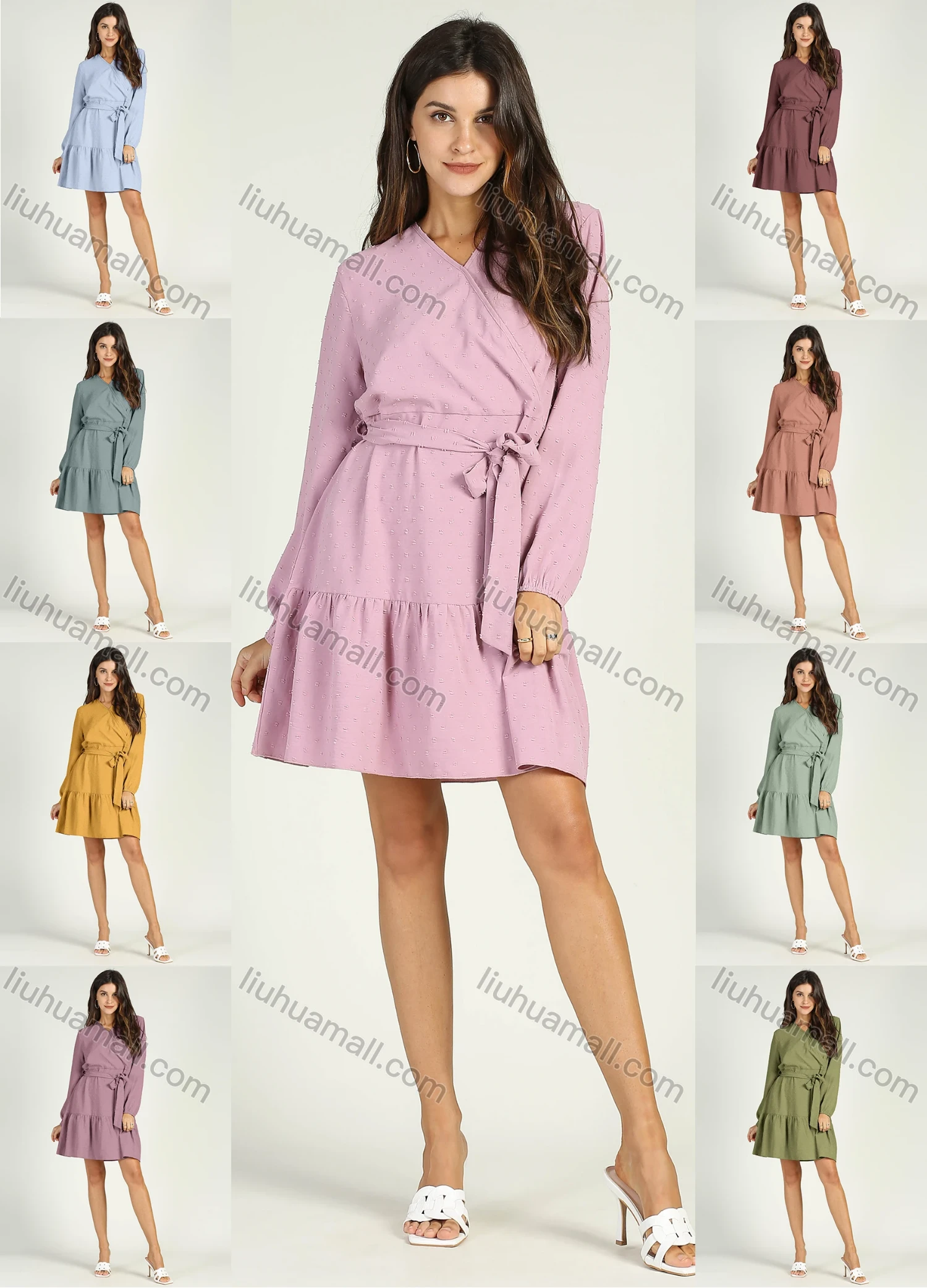Wholesale Women's Causal V Neck Long Sleeve Belted Short Wrap Dress - Liuhuamall