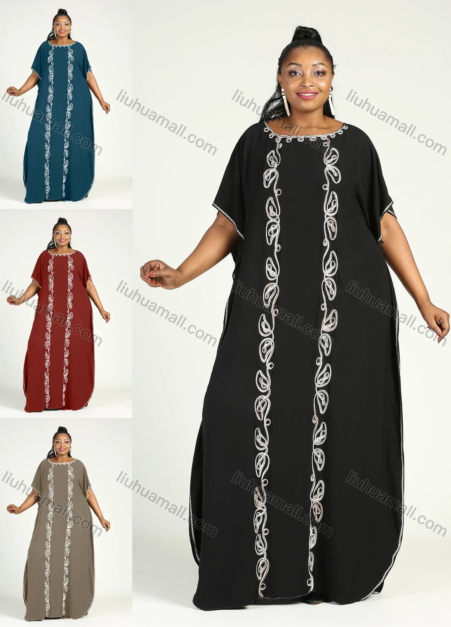 Wholesale Women's African Plus Size Vintage Round Neck Robe Batwing Sleeve Floral Embroidery Plain Kaftan Dress - Liuhuamall