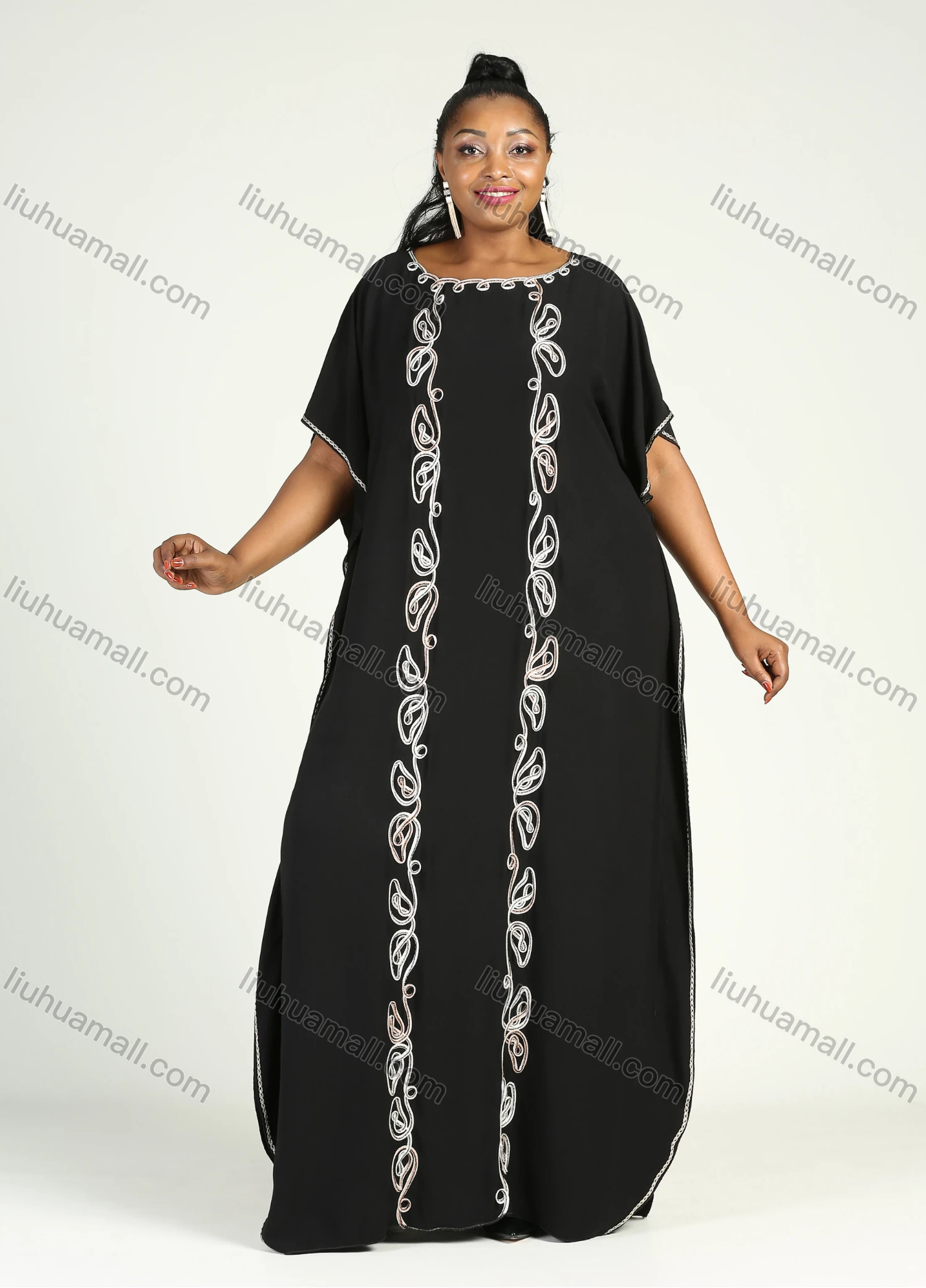 Wholesale Women's African Plus Size Vintage Round Neck Robe Batwing Sleeve Floral Embroidery Plain Kaftan Dress - Liuhuamall