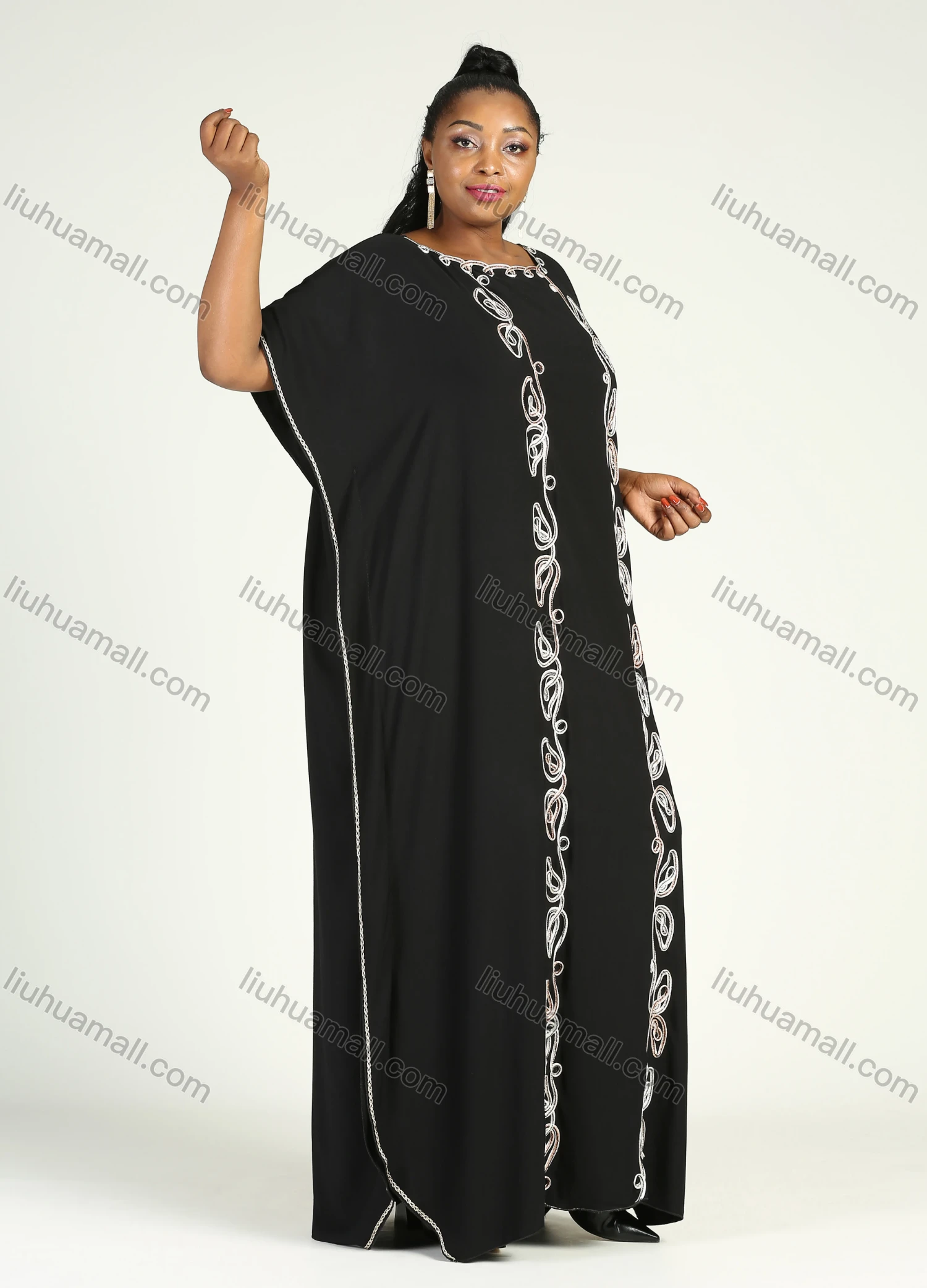 Wholesale Women's African Plus Size Vintage Round Neck Robe Batwing Sleeve Floral Embroidery Plain Kaftan Dress - Liuhuamall