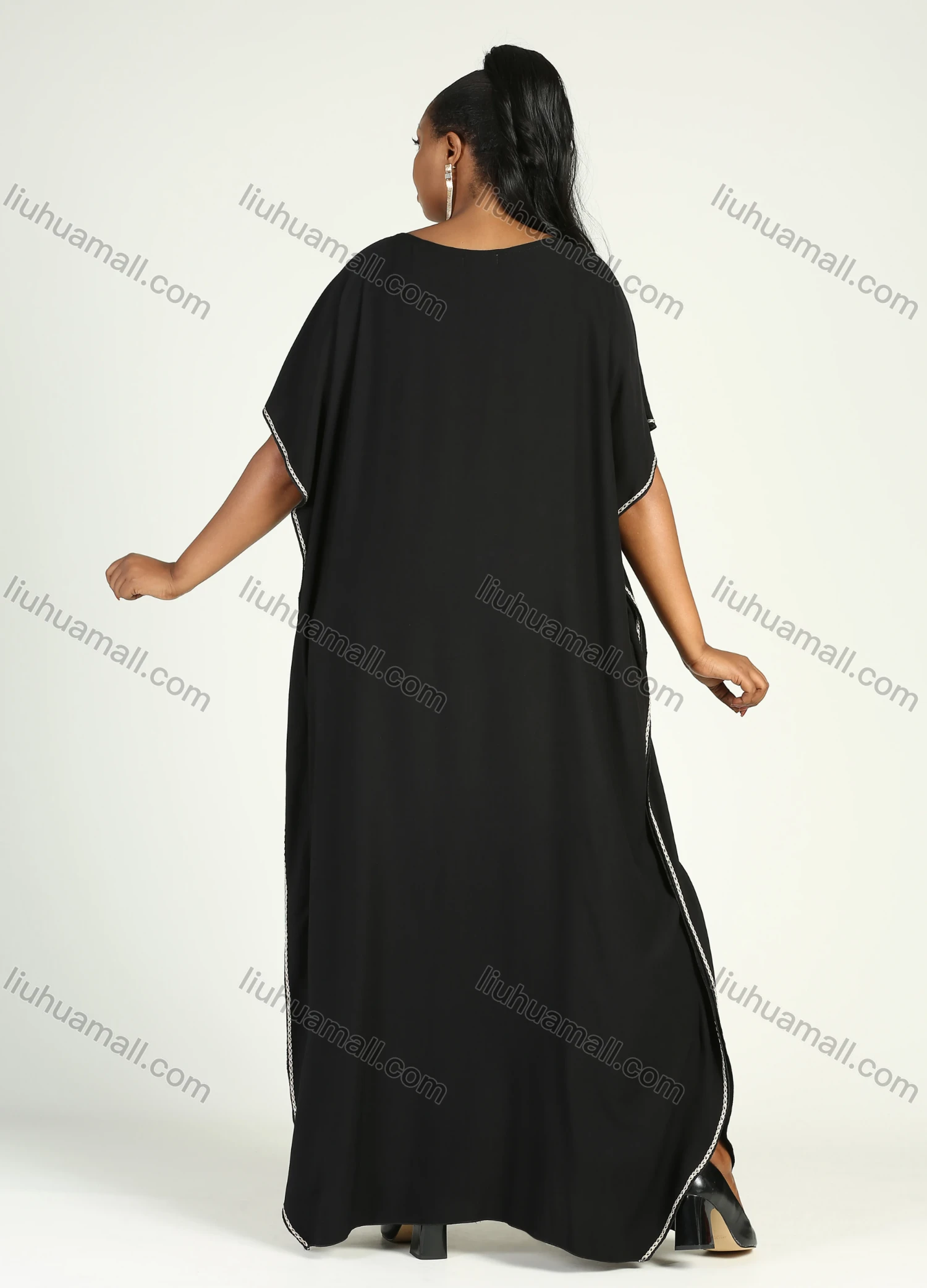 Wholesale Women's African Plus Size Vintage Round Neck Robe Batwing Sleeve Floral Embroidery Plain Kaftan Dress - Liuhuamall