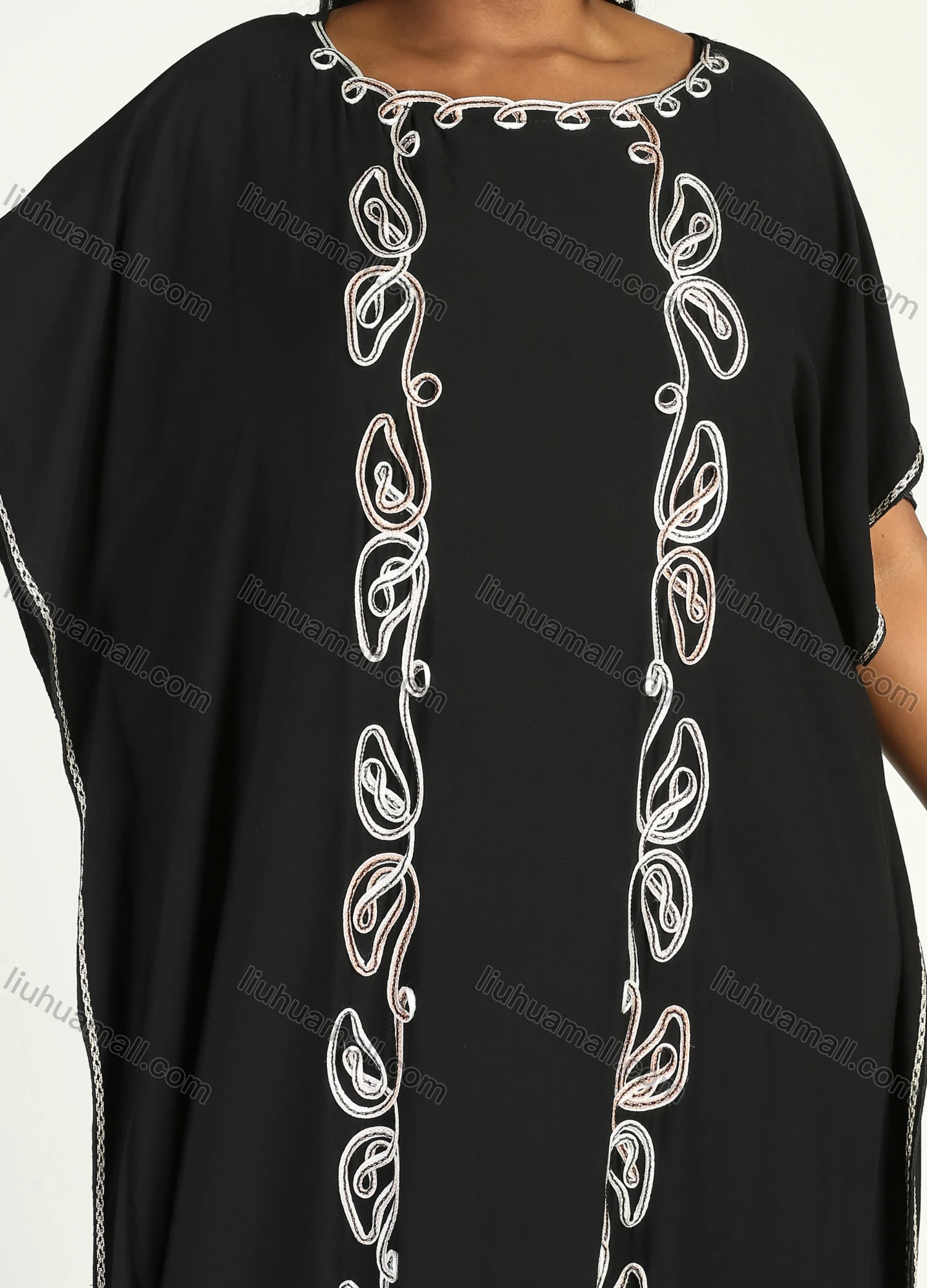 Wholesale Women's African Plus Size Vintage Round Neck Robe Batwing Sleeve Floral Embroidery Plain Kaftan Dress - Liuhuamall