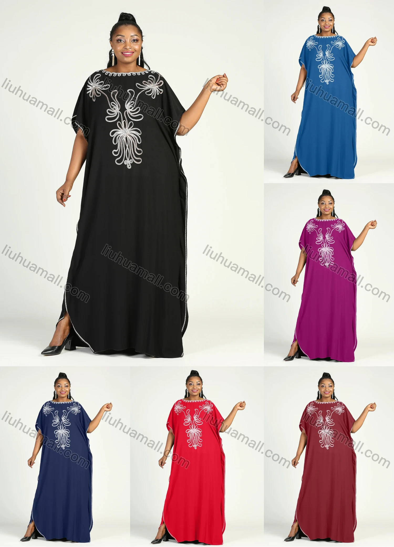 Wholesale Women's African Plus Size Vintage Round Neck Robe Batwing Sleeve Floral Embroidery Plain Kaftan Dress - Liuhuamall