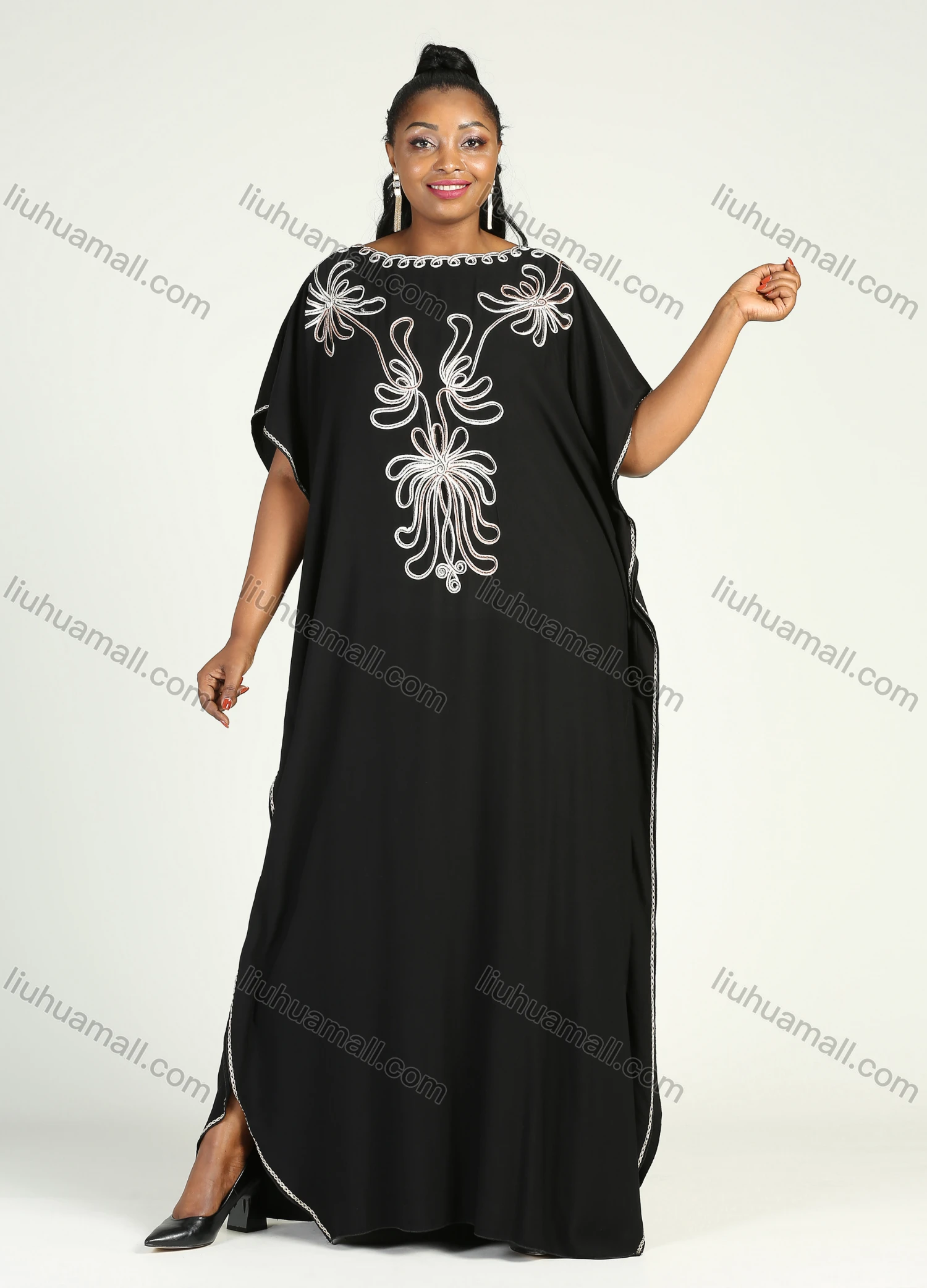 Wholesale Women's African Plus Size Vintage Round Neck Robe Batwing Sleeve Floral Embroidery Plain Kaftan Dress - Liuhuamall