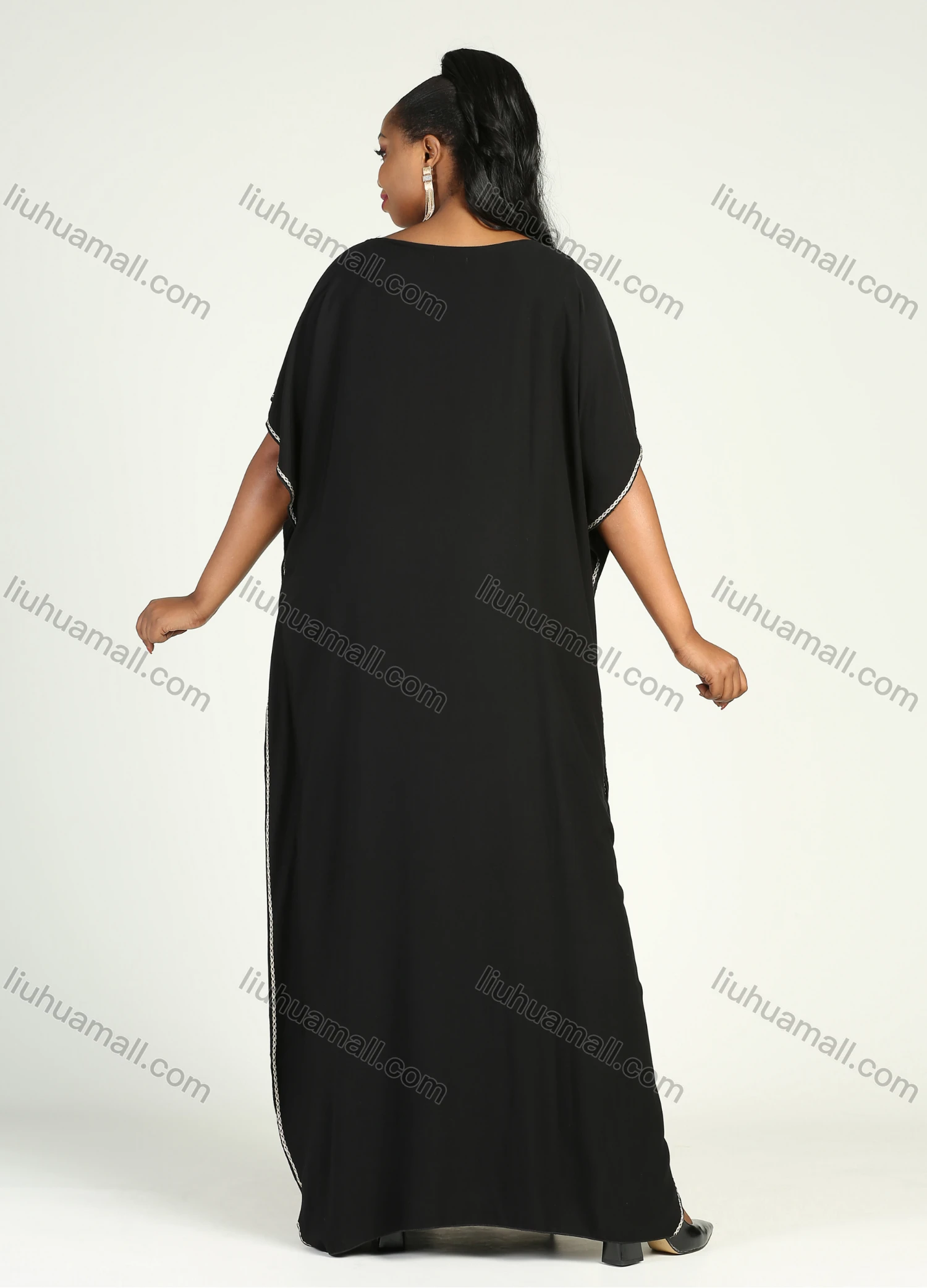 Wholesale Women's African Plus Size Vintage Round Neck Robe Batwing Sleeve Floral Embroidery Plain Kaftan Dress - Liuhuamall