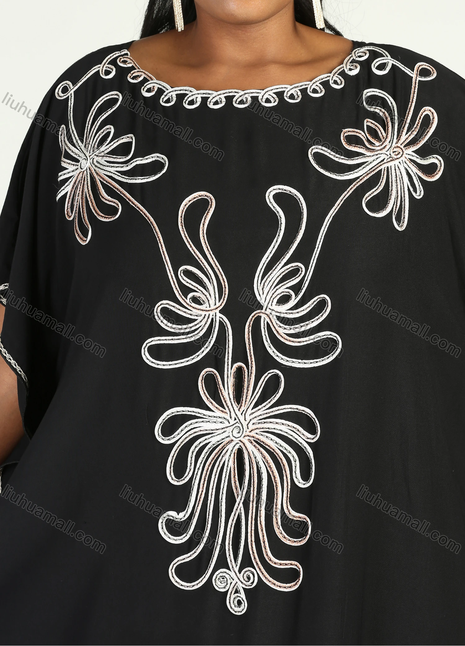 Wholesale Women's African Plus Size Vintage Round Neck Robe Batwing Sleeve Floral Embroidery Plain Kaftan Dress - Liuhuamall