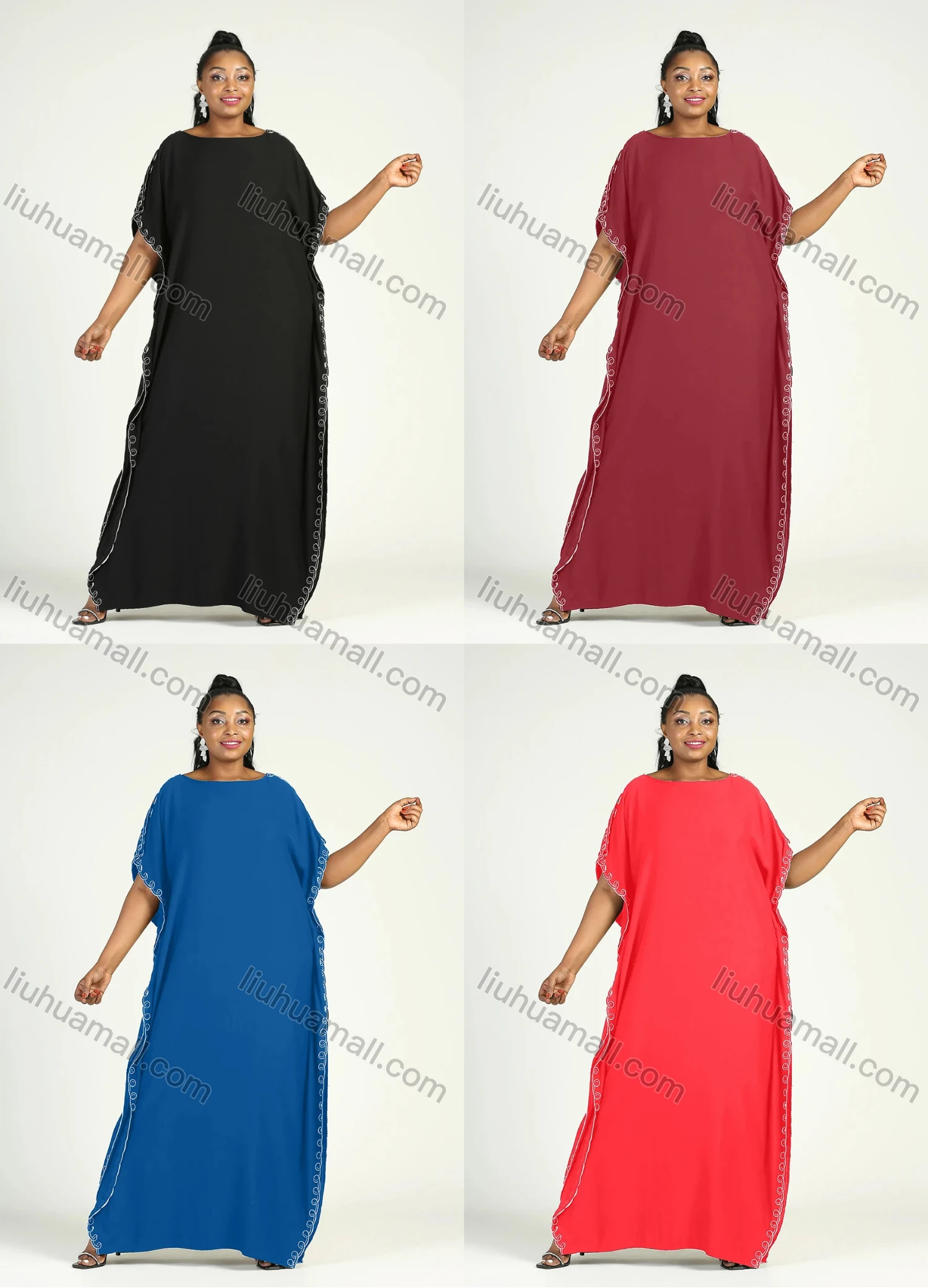 Wholesale Women's African Plus Size Vintage Round Neck Robe Batwing Sleeve Floral Embroidery Plain Kaftan Dress - Liuhuamall