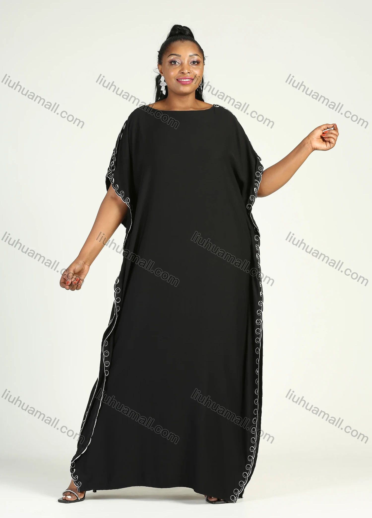 Wholesale Women's African Plus Size Vintage Round Neck Robe Batwing Sleeve Floral Embroidery Plain Kaftan Dress - Liuhuamall