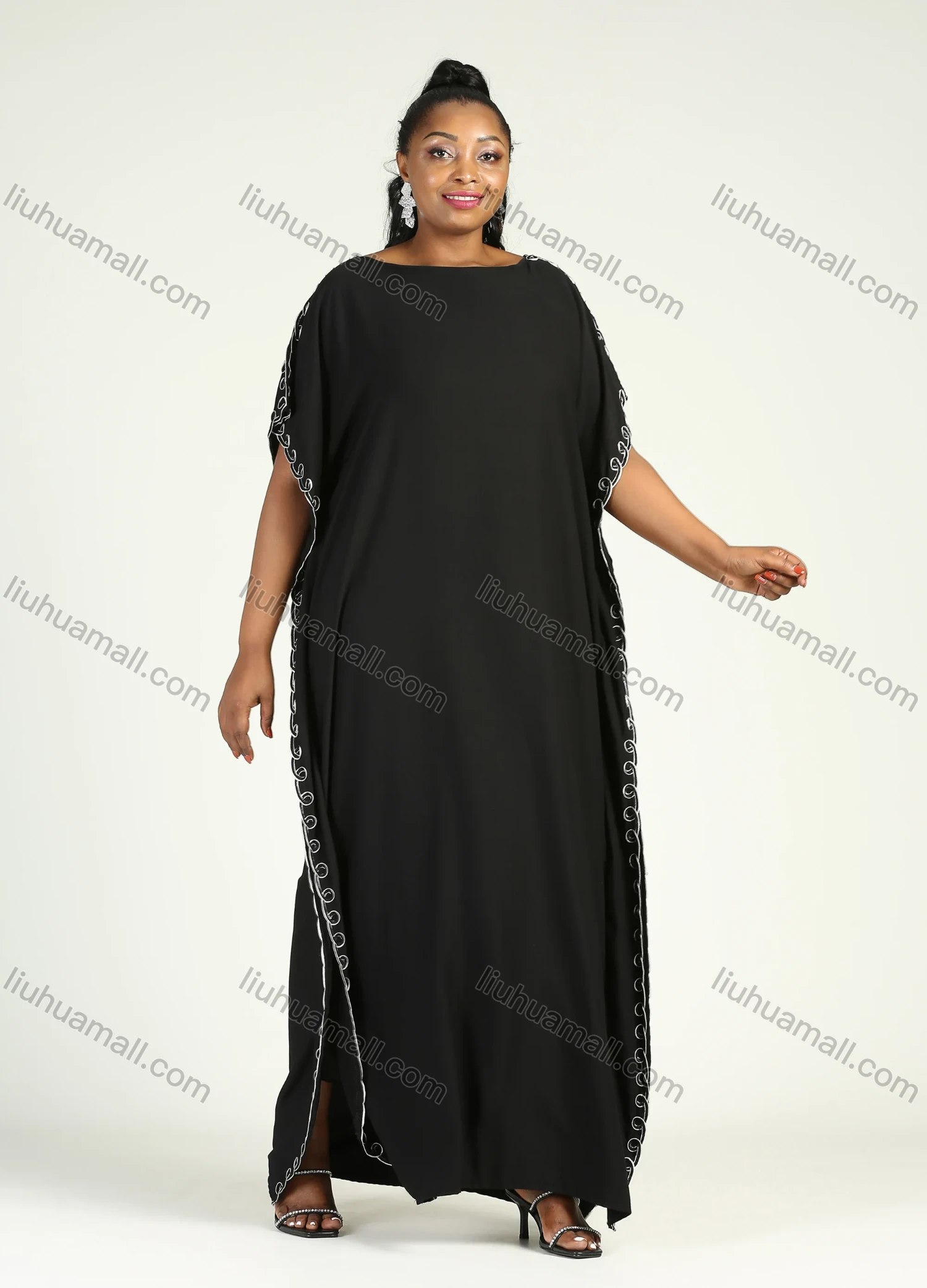 Wholesale Women's African Plus Size Vintage Round Neck Robe Batwing Sleeve Floral Embroidery Plain Kaftan Dress - Liuhuamall