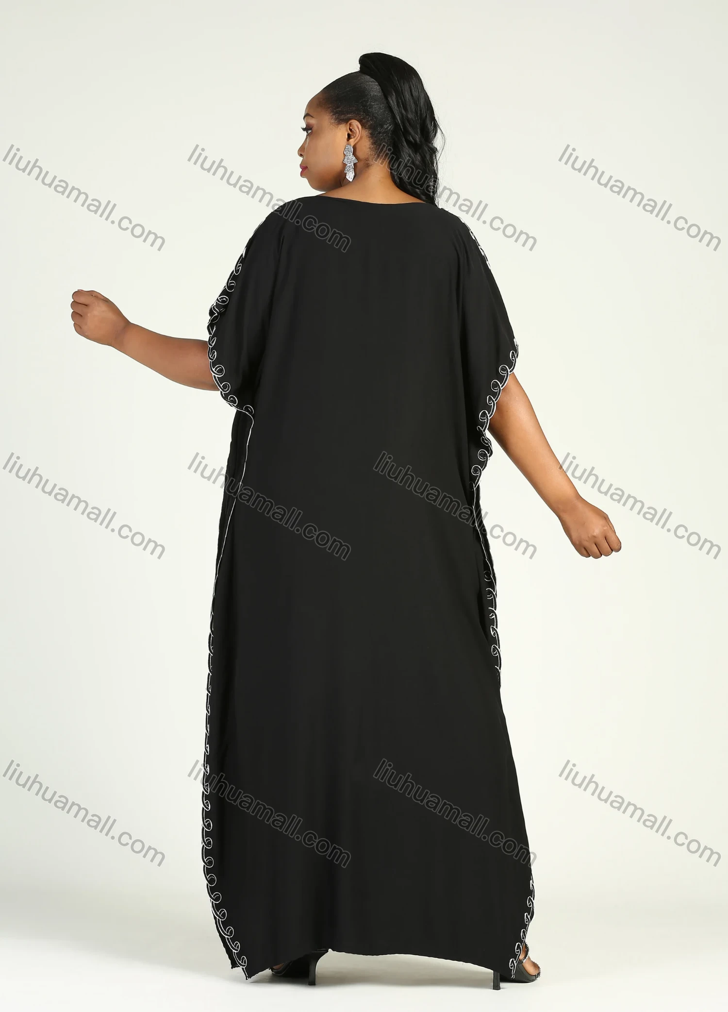 Wholesale Women's African Plus Size Vintage Round Neck Robe Batwing Sleeve Floral Embroidery Plain Kaftan Dress - Liuhuamall