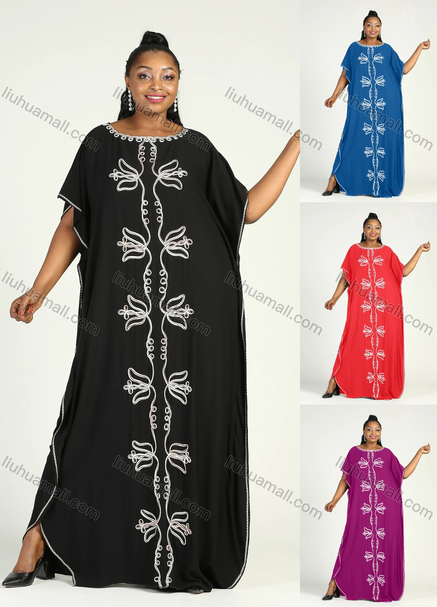 Wholesale Women's African Plus Size Vintage Round Neck Robe Batwing Sleeve Floral Embroidery Plain Kaftan Dress - Liuhuamall