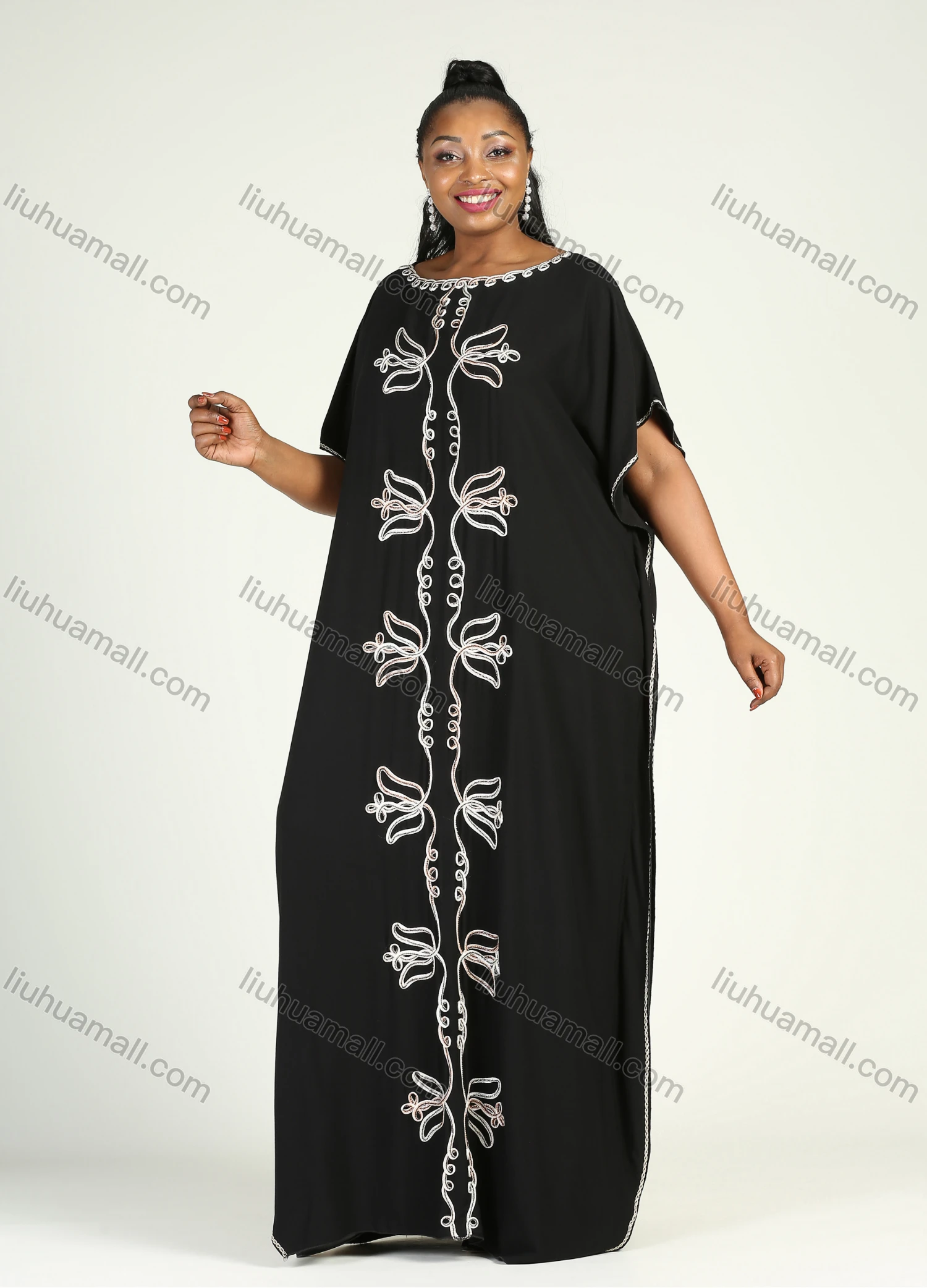 Wholesale Women's African Plus Size Vintage Round Neck Robe Batwing Sleeve Floral Embroidery Plain Kaftan Dress - Liuhuamall