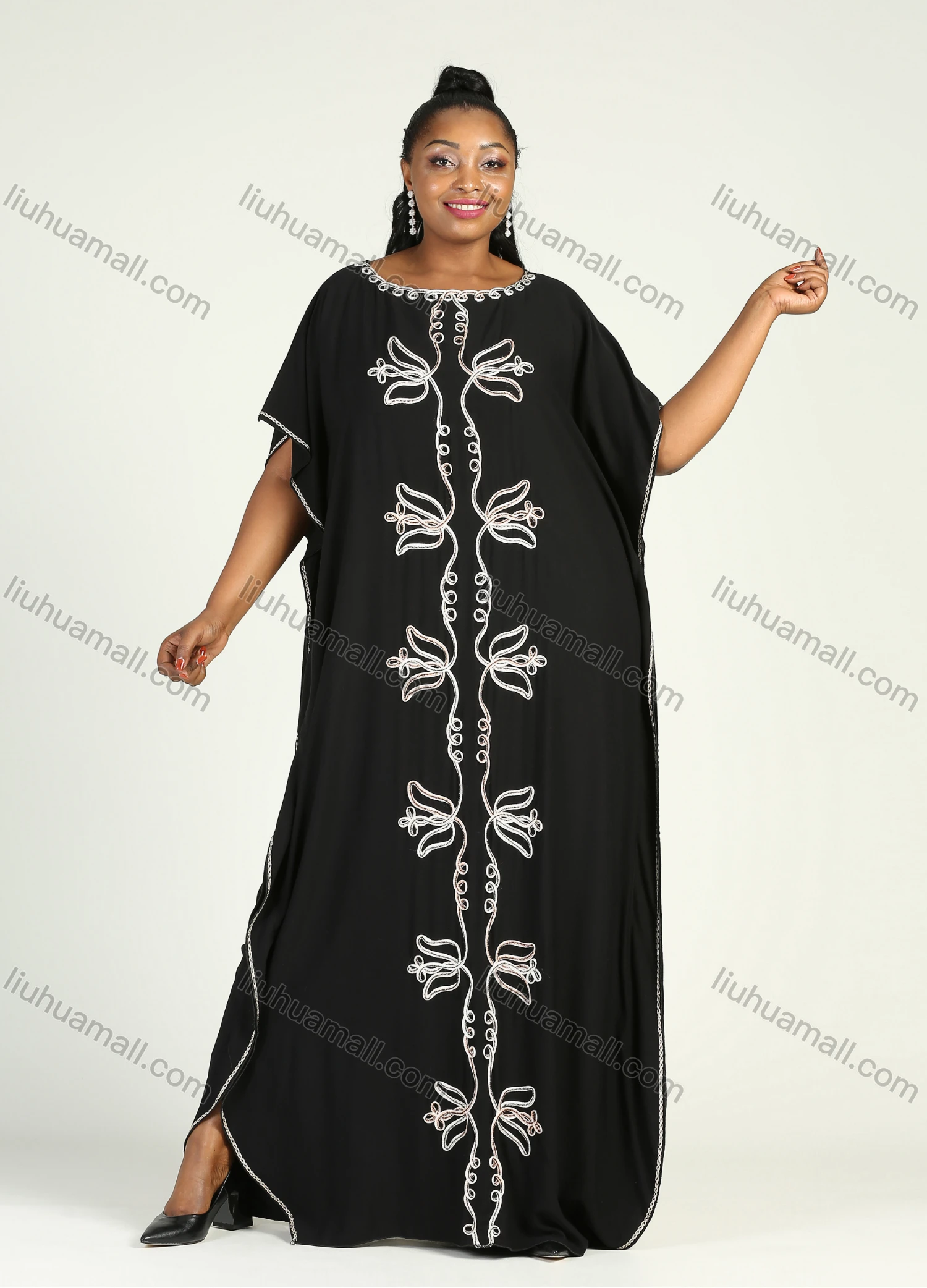 Wholesale Women's African Plus Size Vintage Round Neck Robe Batwing Sleeve Floral Embroidery Plain Kaftan Dress - Liuhuamall
