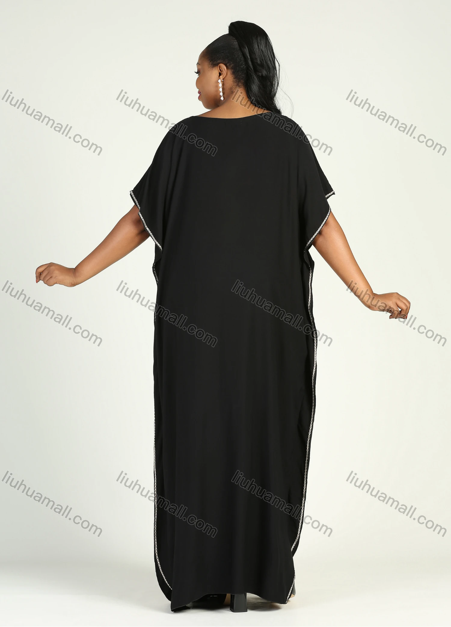 Wholesale Women's African Plus Size Vintage Round Neck Robe Batwing Sleeve Floral Embroidery Plain Kaftan Dress - Liuhuamall