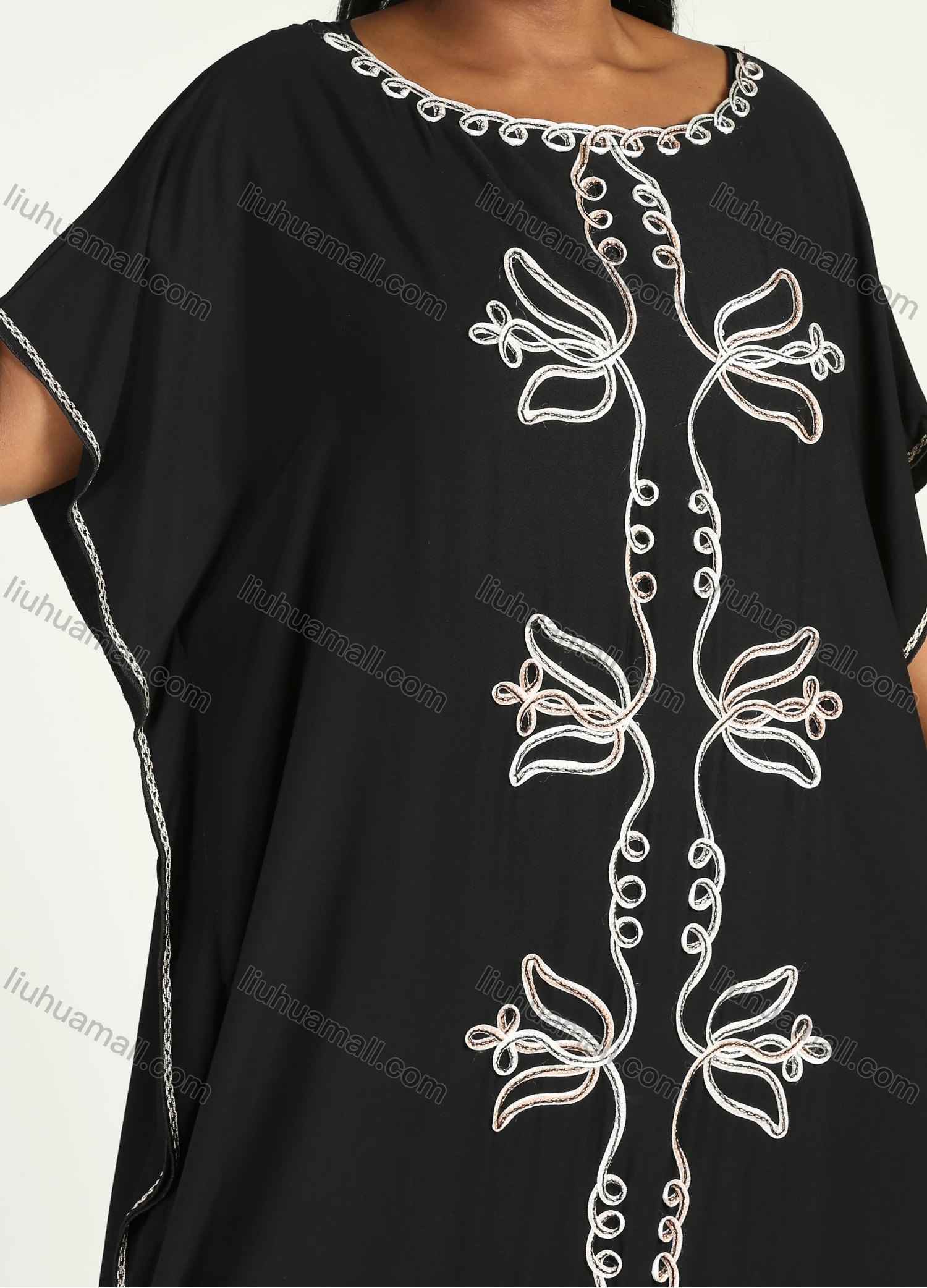 Wholesale Women's African Plus Size Vintage Round Neck Robe Batwing Sleeve Floral Embroidery Plain Kaftan Dress - Liuhuamall