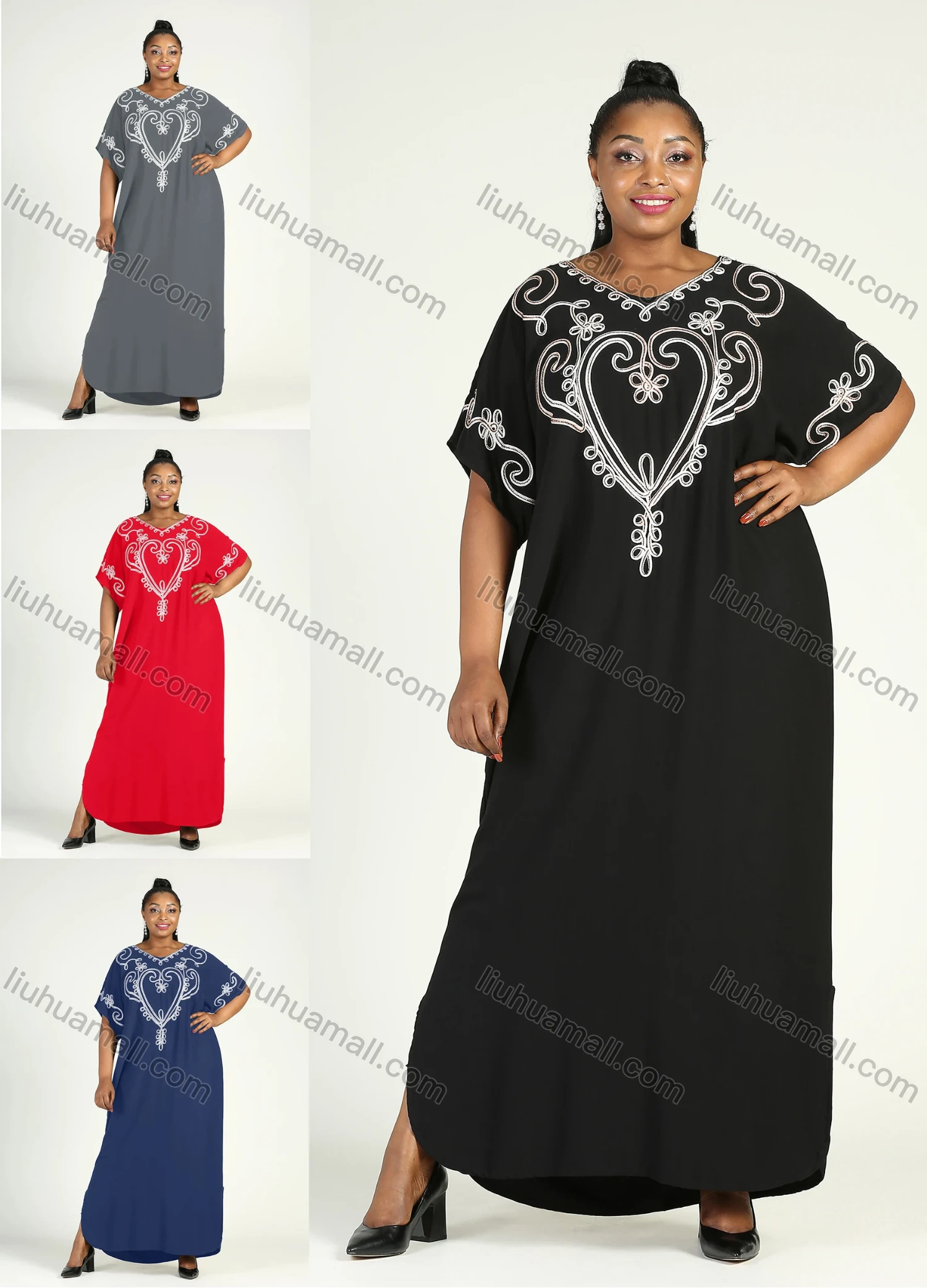 Wholesale Women's African Plus Size Vintage Round Neck Robe Batwing Sleeve Floral Embroidery Plain Kaftan Dress - Liuhuamall