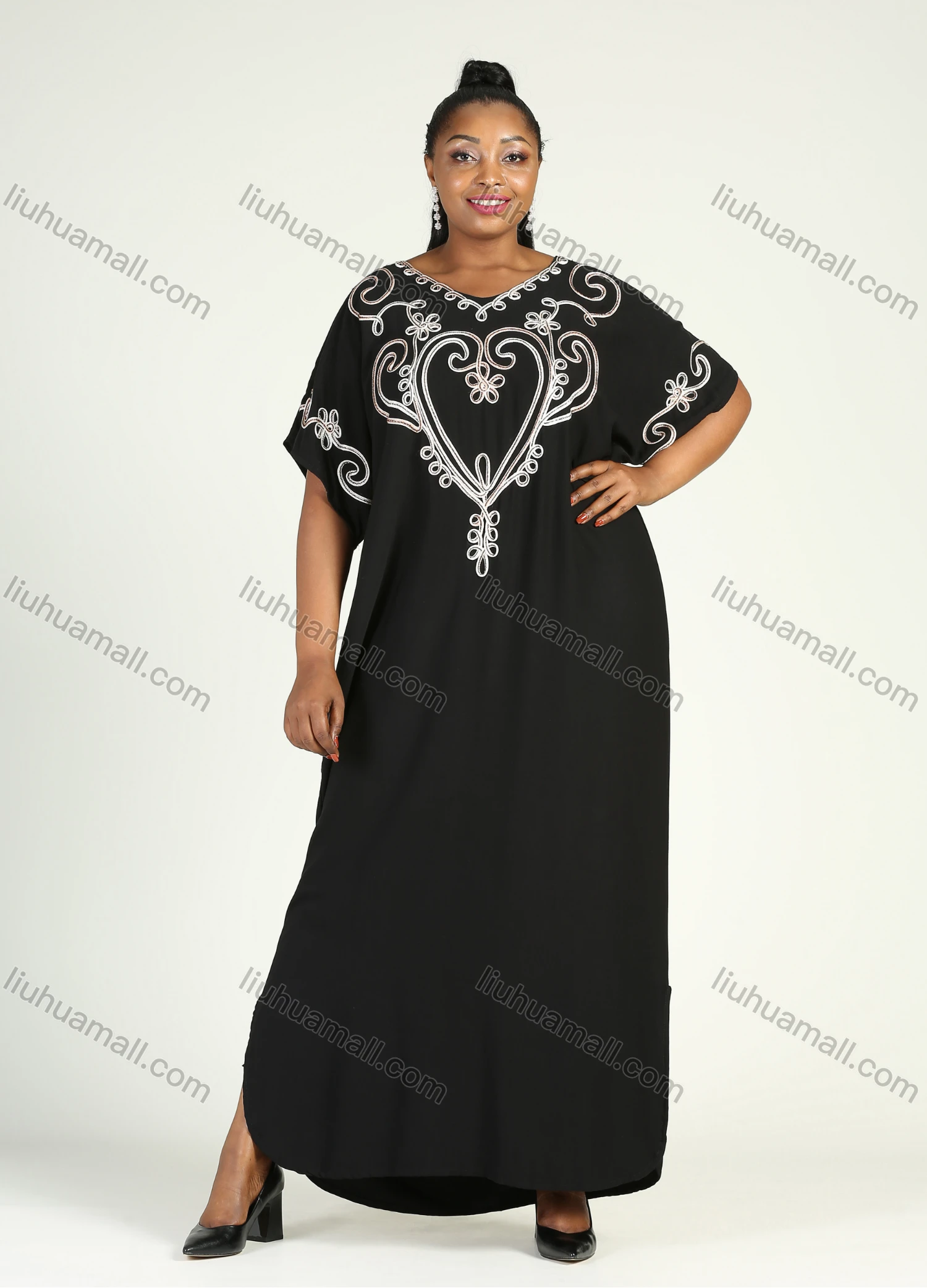 Wholesale Women's African Plus Size Vintage Round Neck Robe Batwing Sleeve Floral Embroidery Plain Kaftan Dress - Liuhuamall