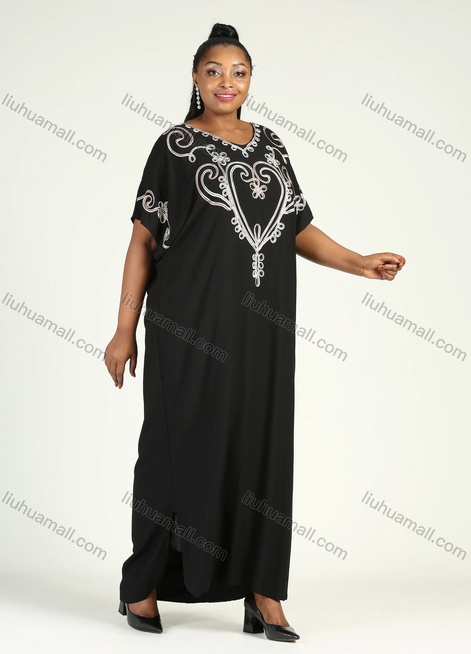 Wholesale Women's African Plus Size Vintage Round Neck Robe Batwing Sleeve Floral Embroidery Plain Kaftan Dress - Liuhuamall