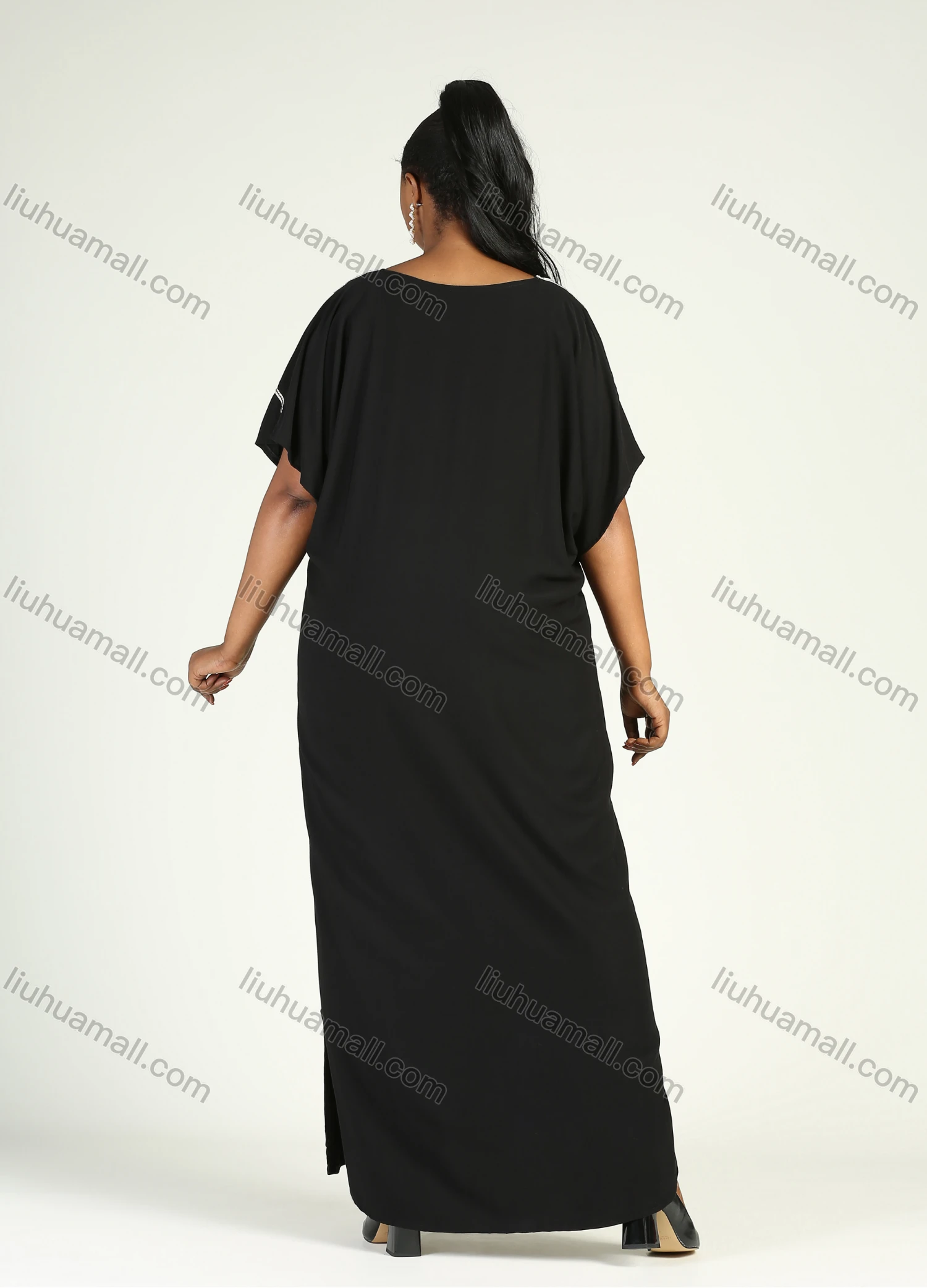 Wholesale Women's African Plus Size Vintage Round Neck Robe Batwing Sleeve Floral Embroidery Plain Kaftan Dress - Liuhuamall