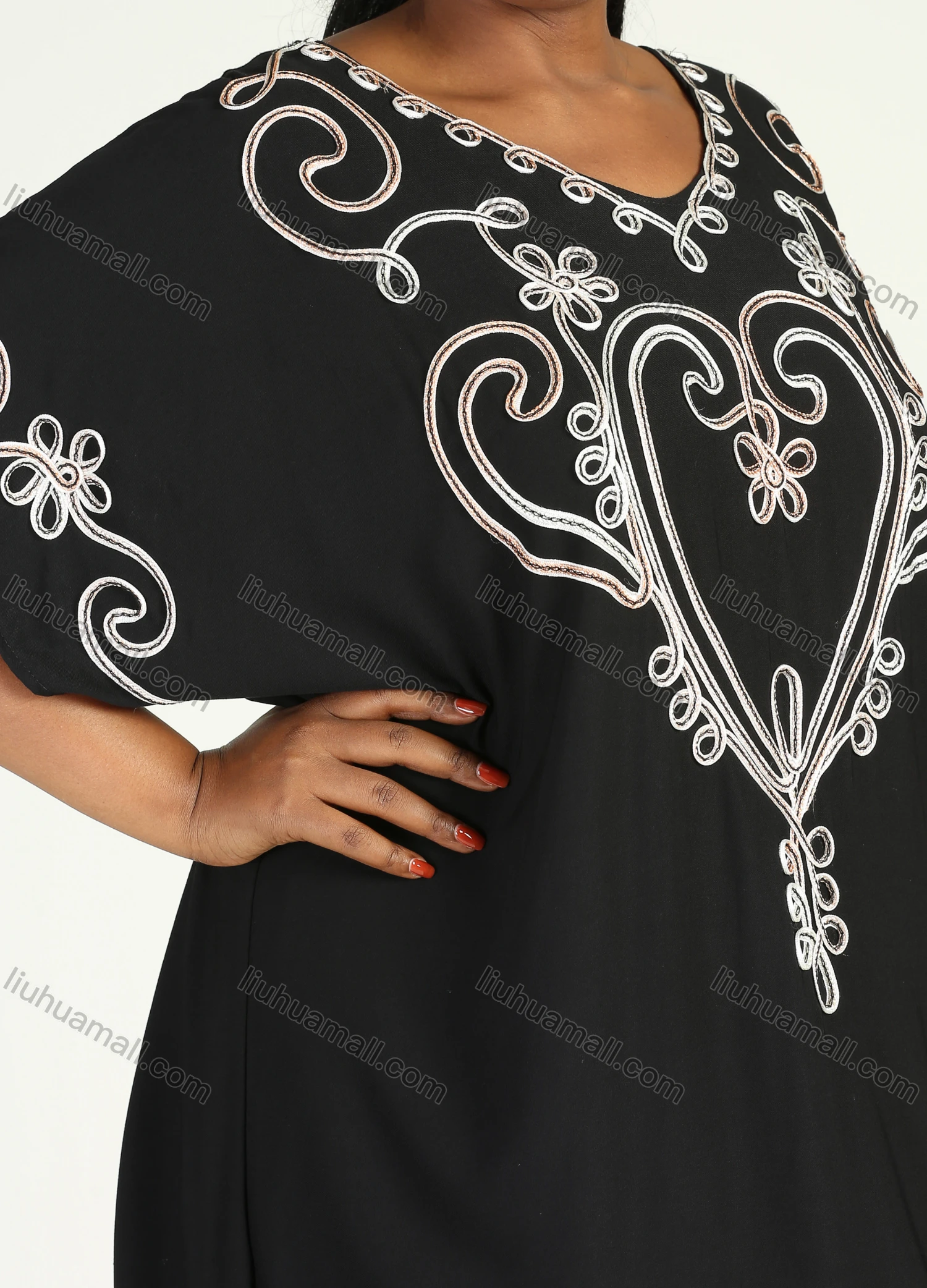 Wholesale Women's African Plus Size Vintage Round Neck Robe Batwing Sleeve Floral Embroidery Plain Kaftan Dress - Liuhuamall