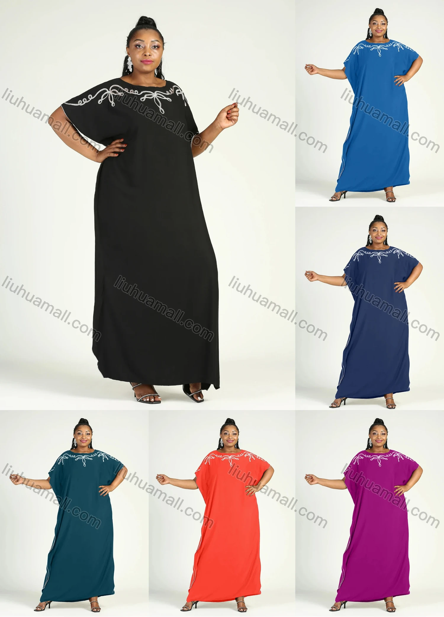 Wholesale Women's African Plus Size Vintage Round Neck Robe Batwing Sleeve Floral Embroidery Plain Kaftan Dress - Liuhuamall
