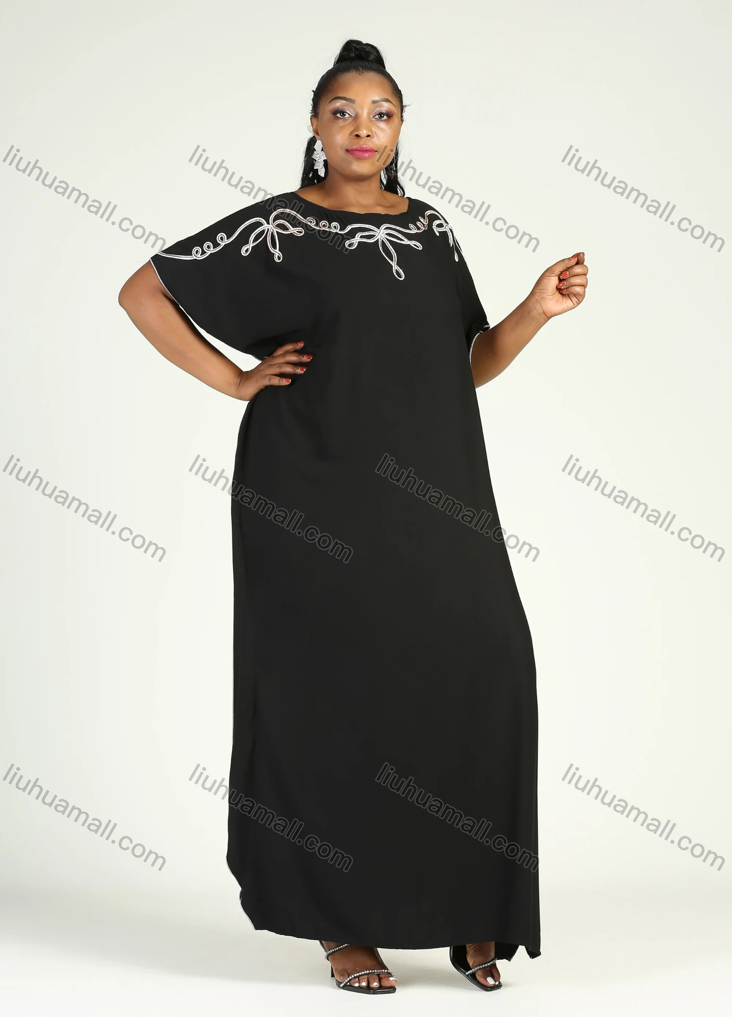Wholesale Women's African Plus Size Vintage Round Neck Robe Batwing Sleeve Floral Embroidery Plain Kaftan Dress - Liuhuamall