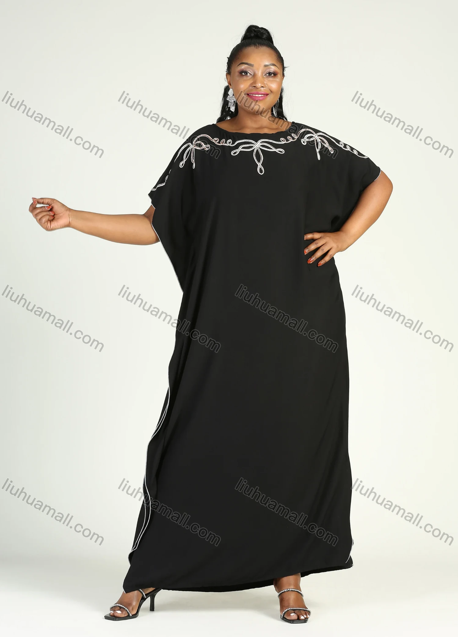 Wholesale Women's African Plus Size Vintage Round Neck Robe Batwing Sleeve Floral Embroidery Plain Kaftan Dress - Liuhuamall