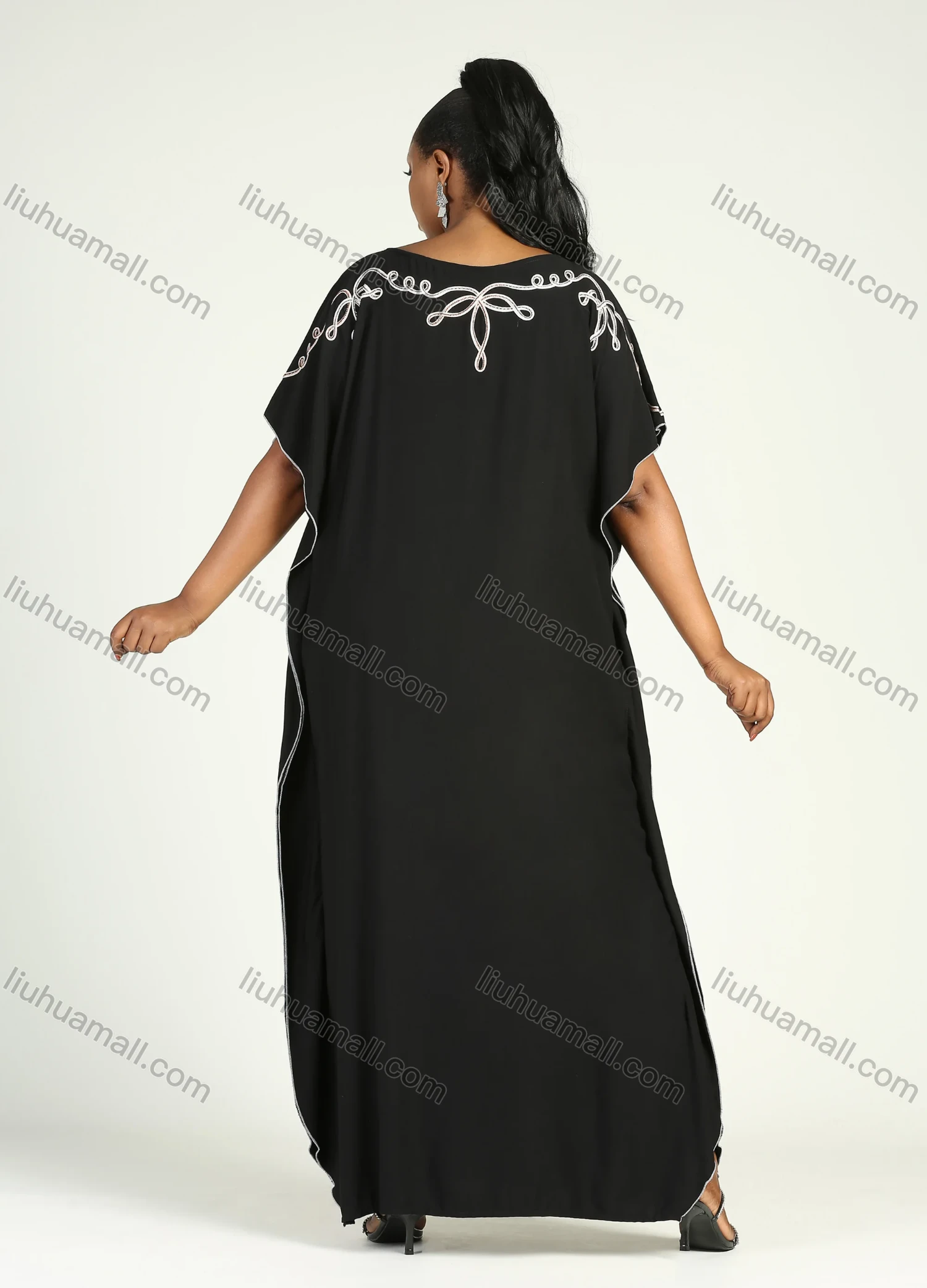 Wholesale Women's African Plus Size Vintage Round Neck Robe Batwing Sleeve Floral Embroidery Plain Kaftan Dress - Liuhuamall