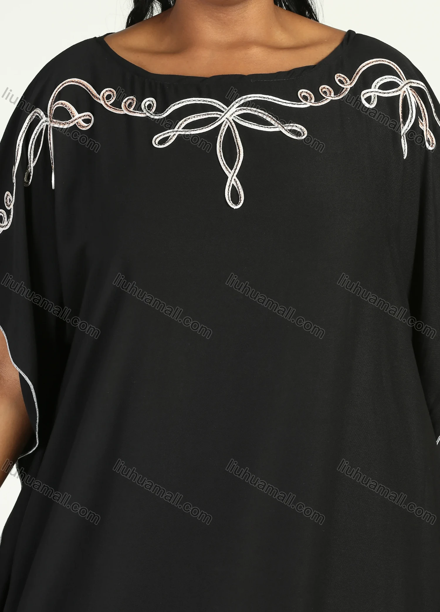 Wholesale Women's African Plus Size Vintage Round Neck Robe Batwing Sleeve Floral Embroidery Plain Kaftan Dress - Liuhuamall