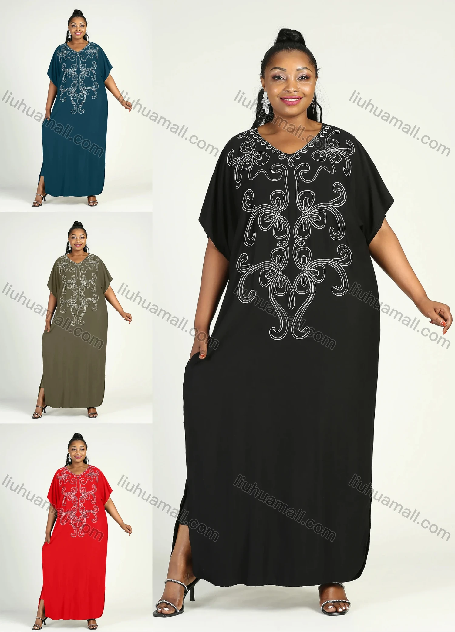 Wholesale Women's African Plus Size Vintage Round Neck Robe Batwing Sleeve Floral Embroidery Plain Kaftan Dress - Liuhuamall