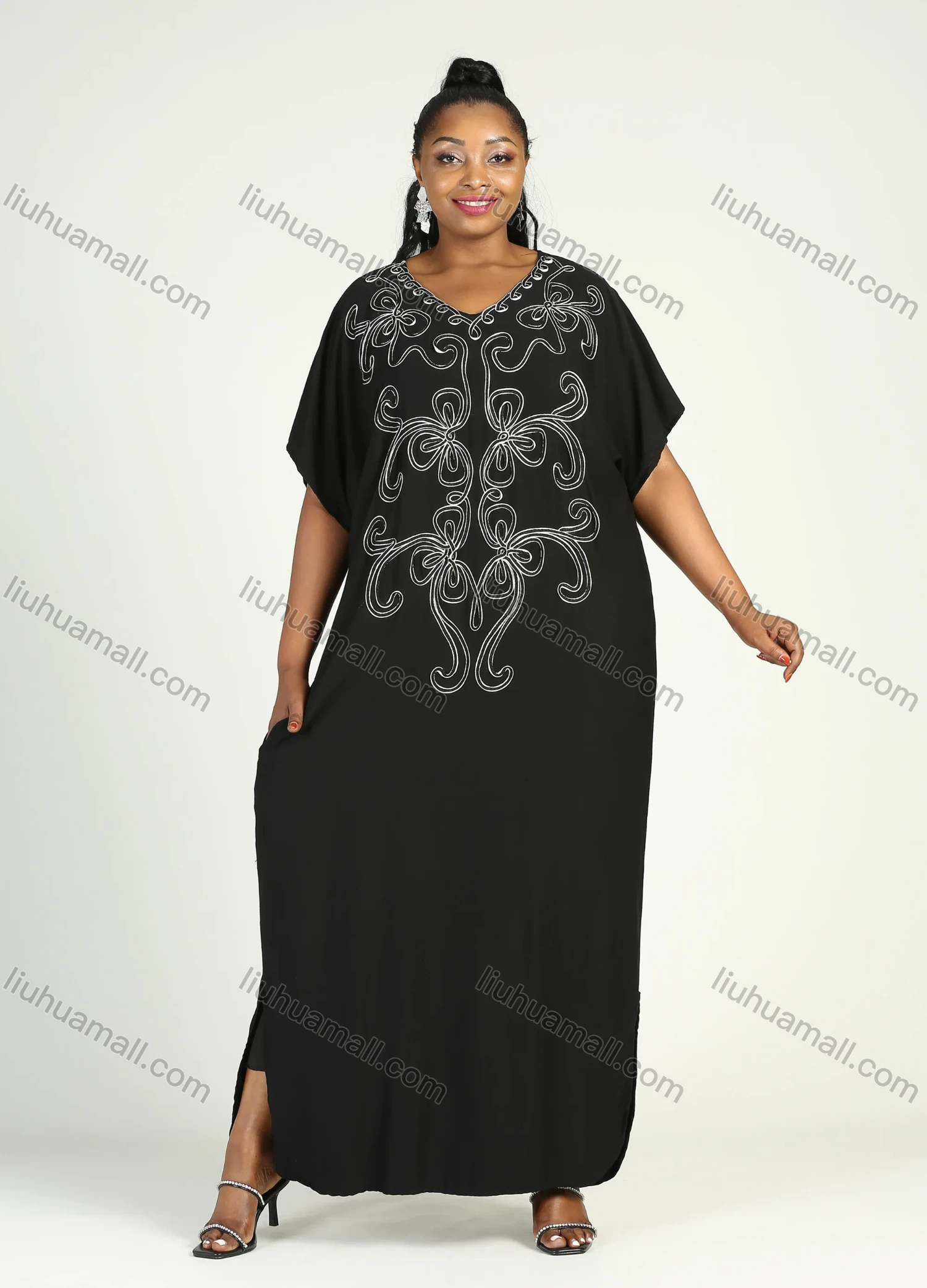 Wholesale Women's African Plus Size Vintage Round Neck Robe Batwing Sleeve Floral Embroidery Plain Kaftan Dress - Liuhuamall