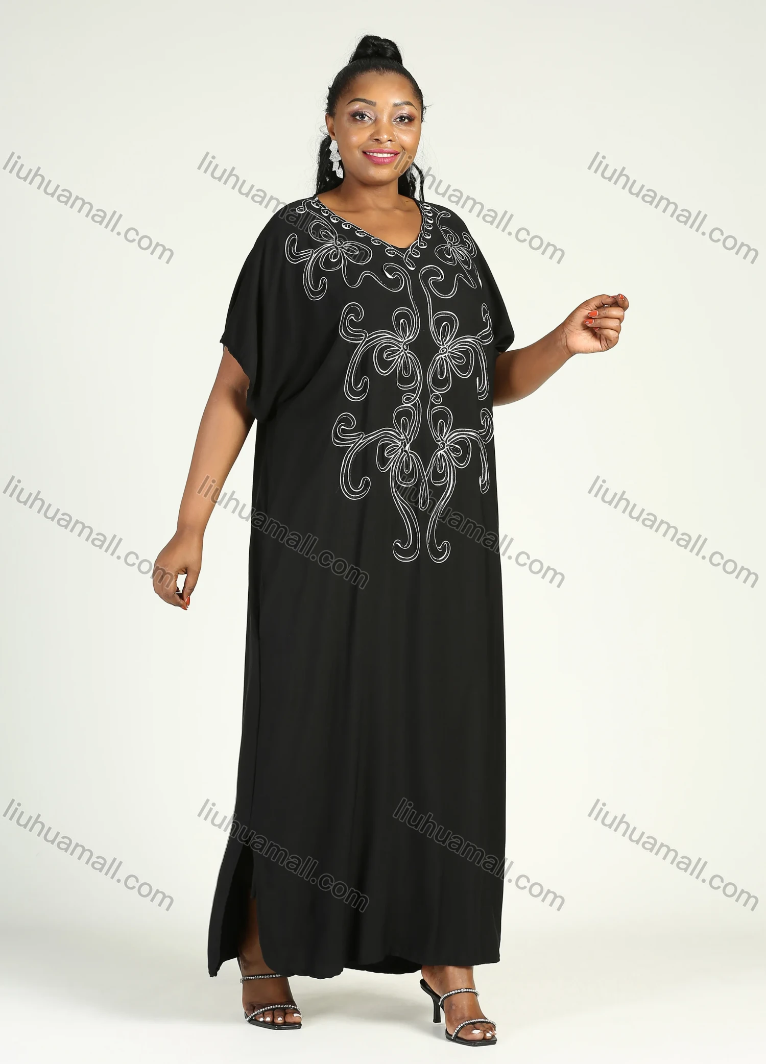 Wholesale Women's African Plus Size Vintage Round Neck Robe Batwing Sleeve Floral Embroidery Plain Kaftan Dress - Liuhuamall