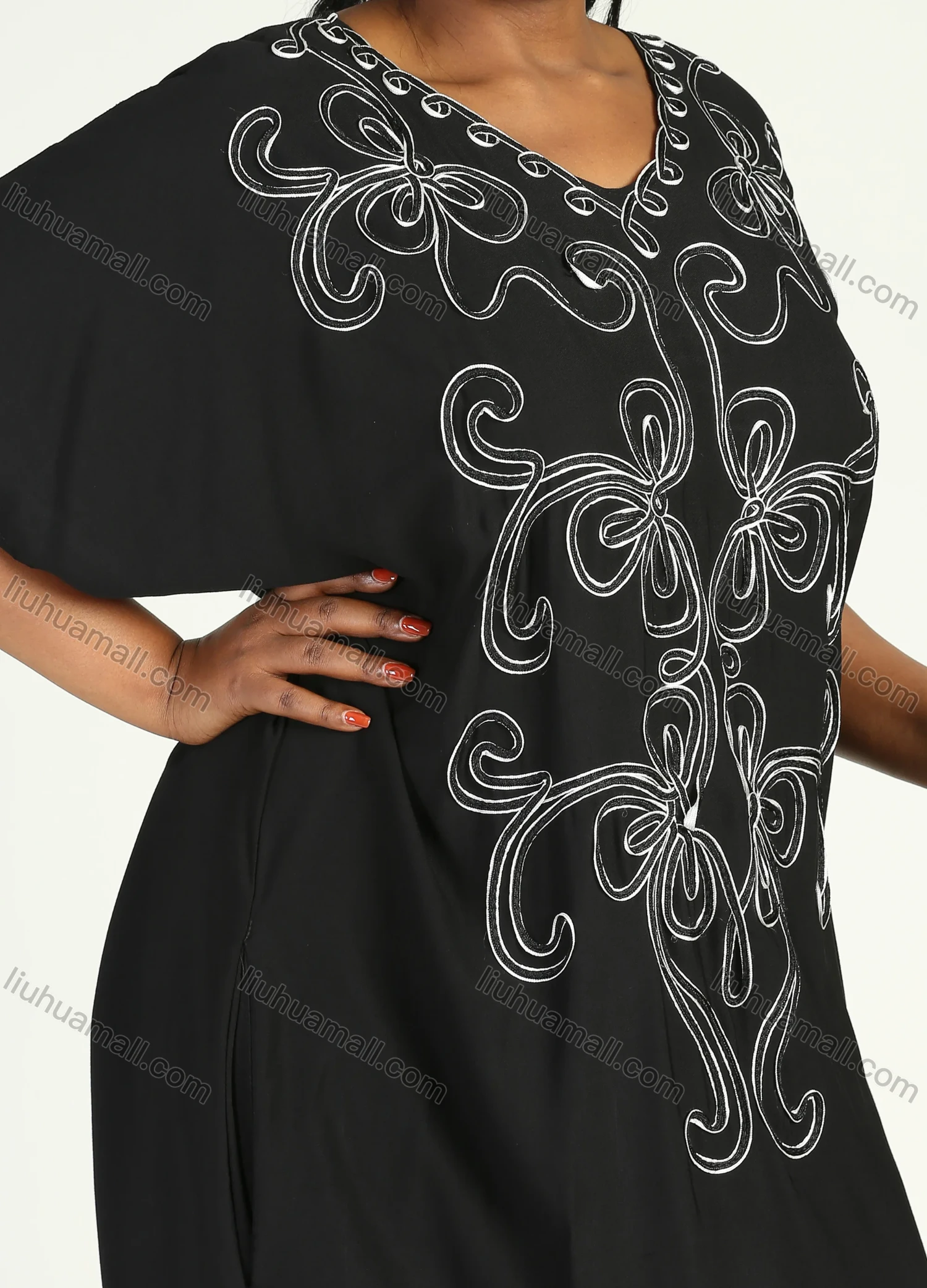 Wholesale Women's African Plus Size Vintage Round Neck Robe Batwing Sleeve Floral Embroidery Plain Kaftan Dress - Liuhuamall