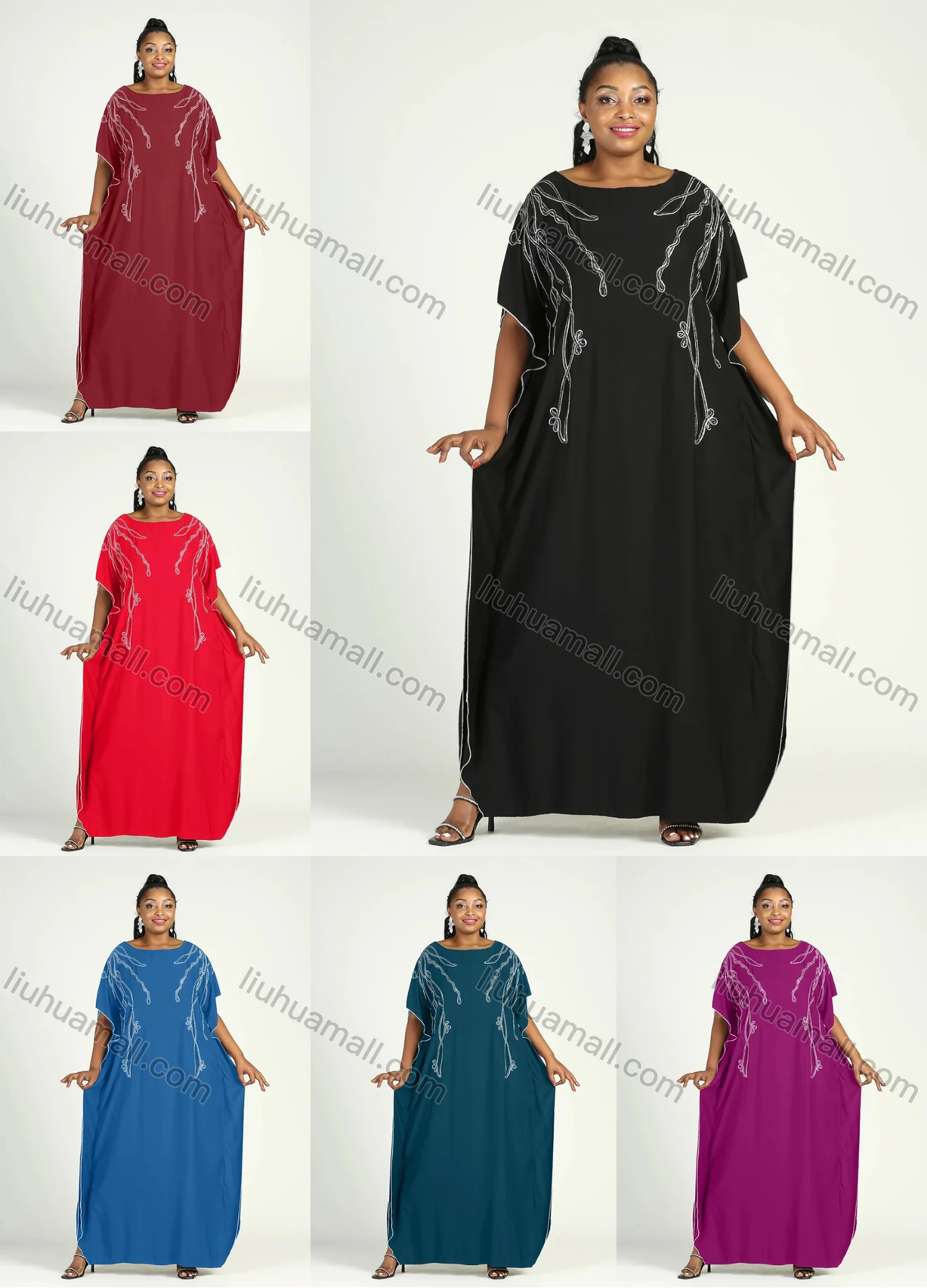 Wholesale Women's African Plus Size Vintage Round Neck Robe Batwing Sleeve Floral Embroidery Plain Kaftan Dress - Liuhuamall
