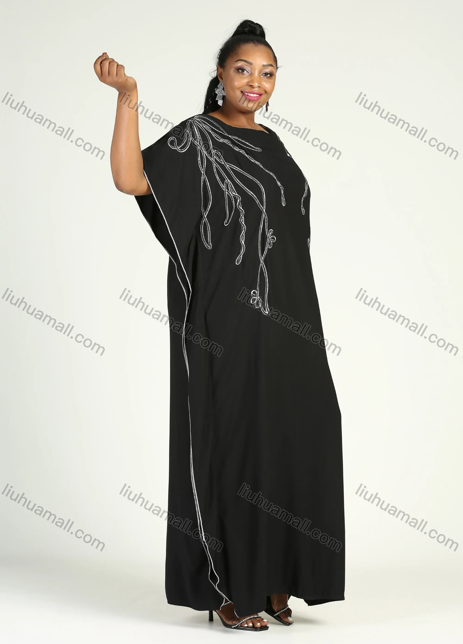 Wholesale Women's African Plus Size Vintage Round Neck Robe Batwing Sleeve Floral Embroidery Plain Kaftan Dress - Liuhuamall
