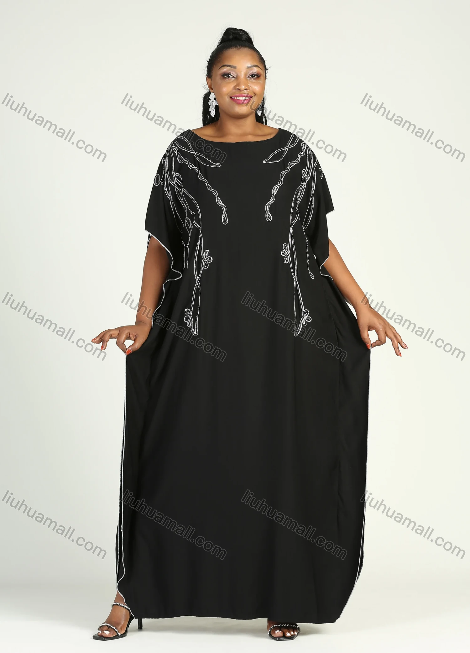 Wholesale Women's African Plus Size Vintage Round Neck Robe Batwing Sleeve Floral Embroidery Plain Kaftan Dress - Liuhuamall