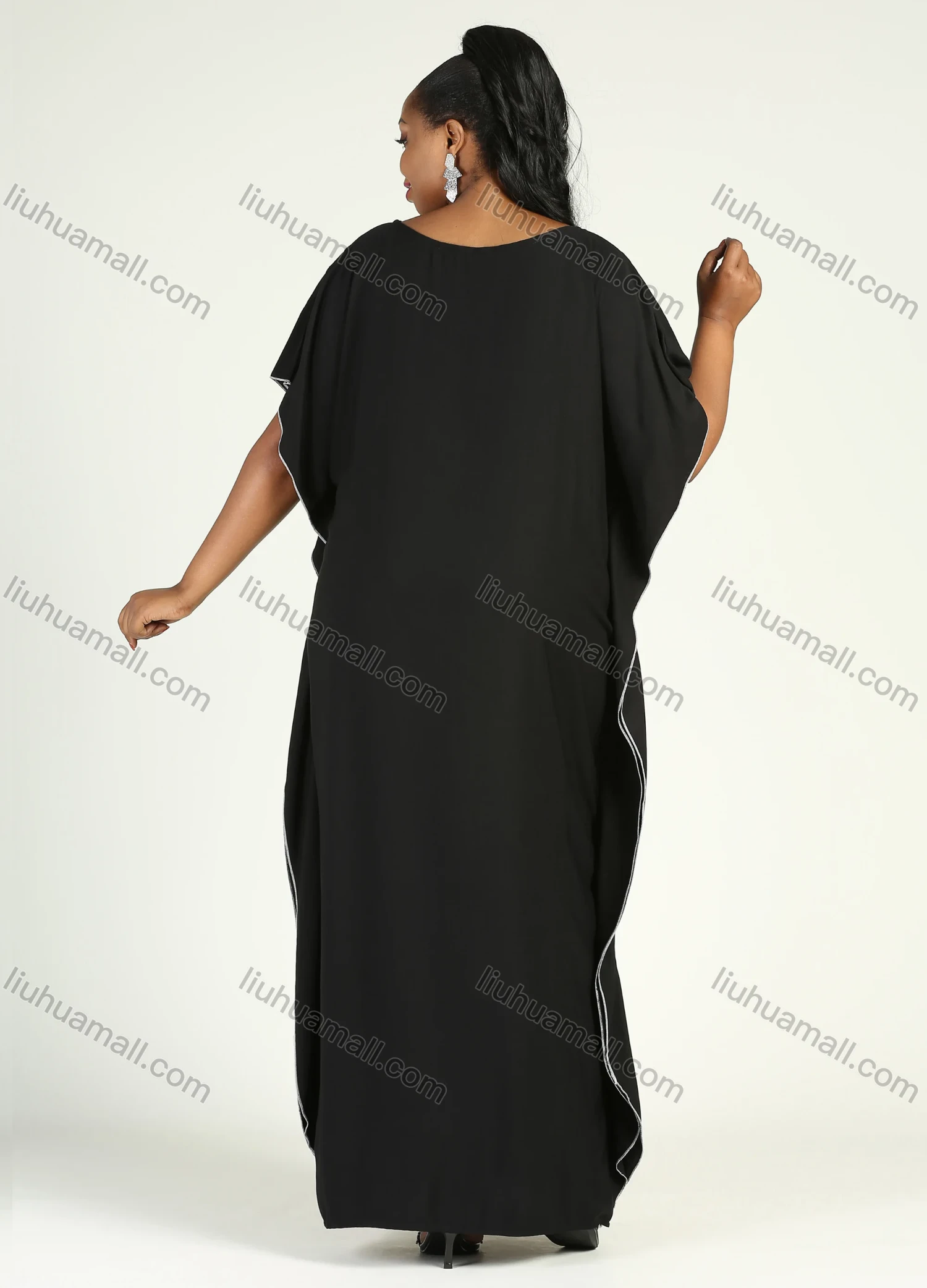 Wholesale Women's African Plus Size Vintage Round Neck Robe Batwing Sleeve Floral Embroidery Plain Kaftan Dress - Liuhuamall