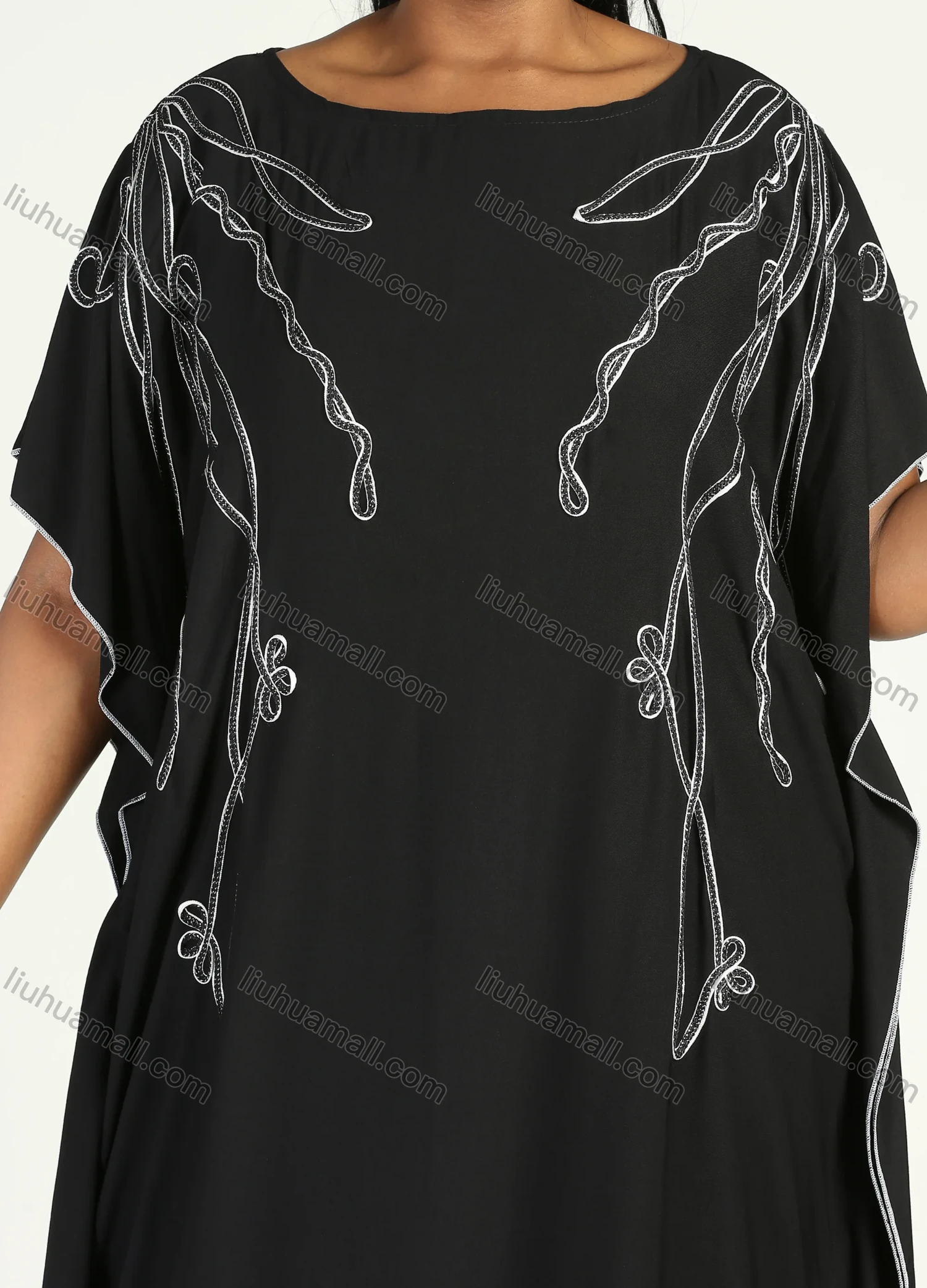 Wholesale Women's African Plus Size Vintage Round Neck Robe Batwing Sleeve Floral Embroidery Plain Kaftan Dress - Liuhuamall