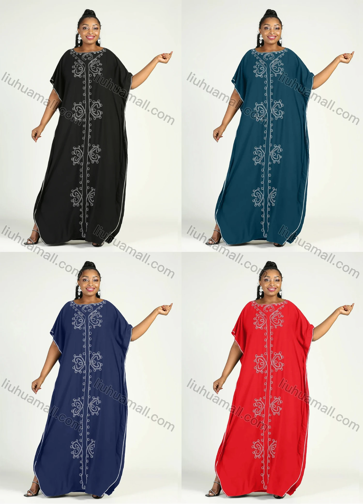 Wholesale Women's African Plus Size Vintage Round Neck Robe Batwing Sleeve Floral Embroidery Plain Kaftan Dress - Liuhuamall