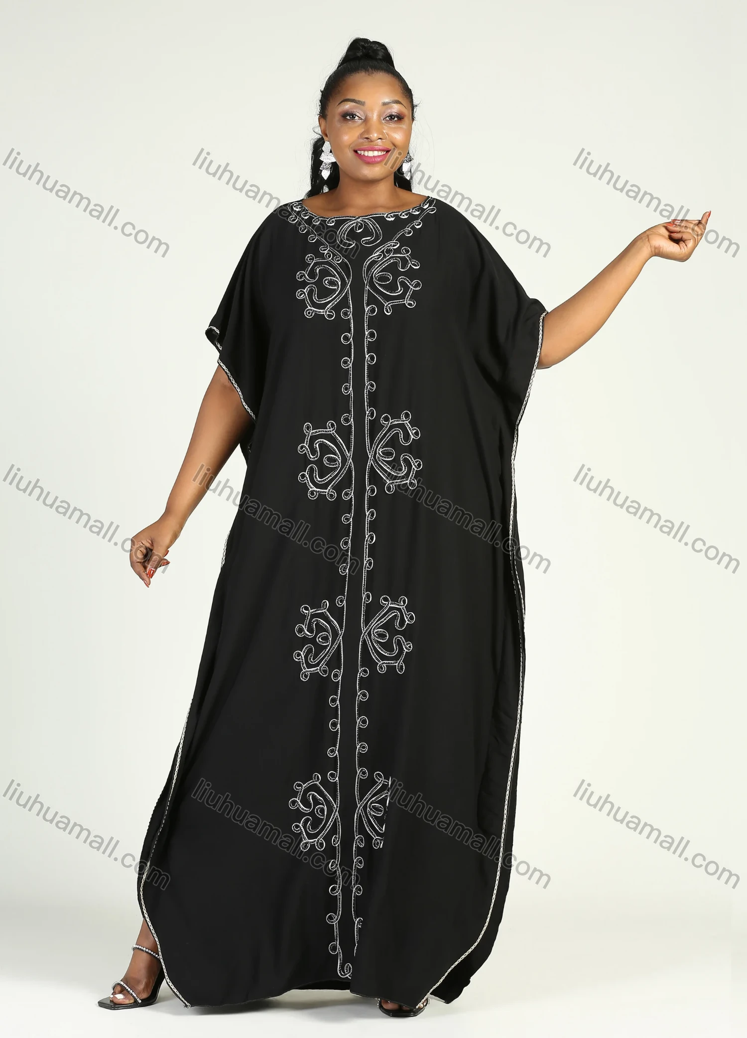 Wholesale Women's African Plus Size Vintage Round Neck Robe Batwing Sleeve Floral Embroidery Plain Kaftan Dress - Liuhuamall