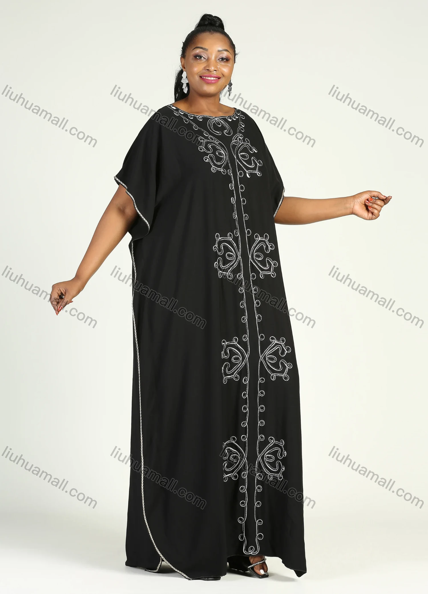 Wholesale Women's African Plus Size Vintage Round Neck Robe Batwing Sleeve Floral Embroidery Plain Kaftan Dress - Liuhuamall